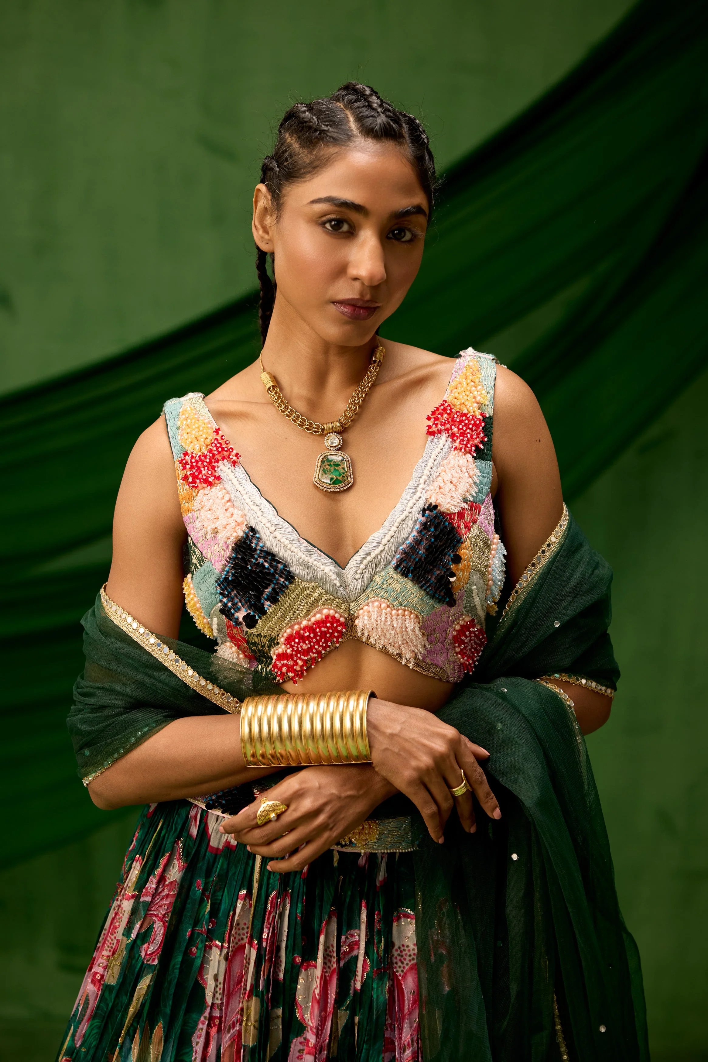 Emerald Green Embellished Soft Organza Silk Lehenga Set - Image 2