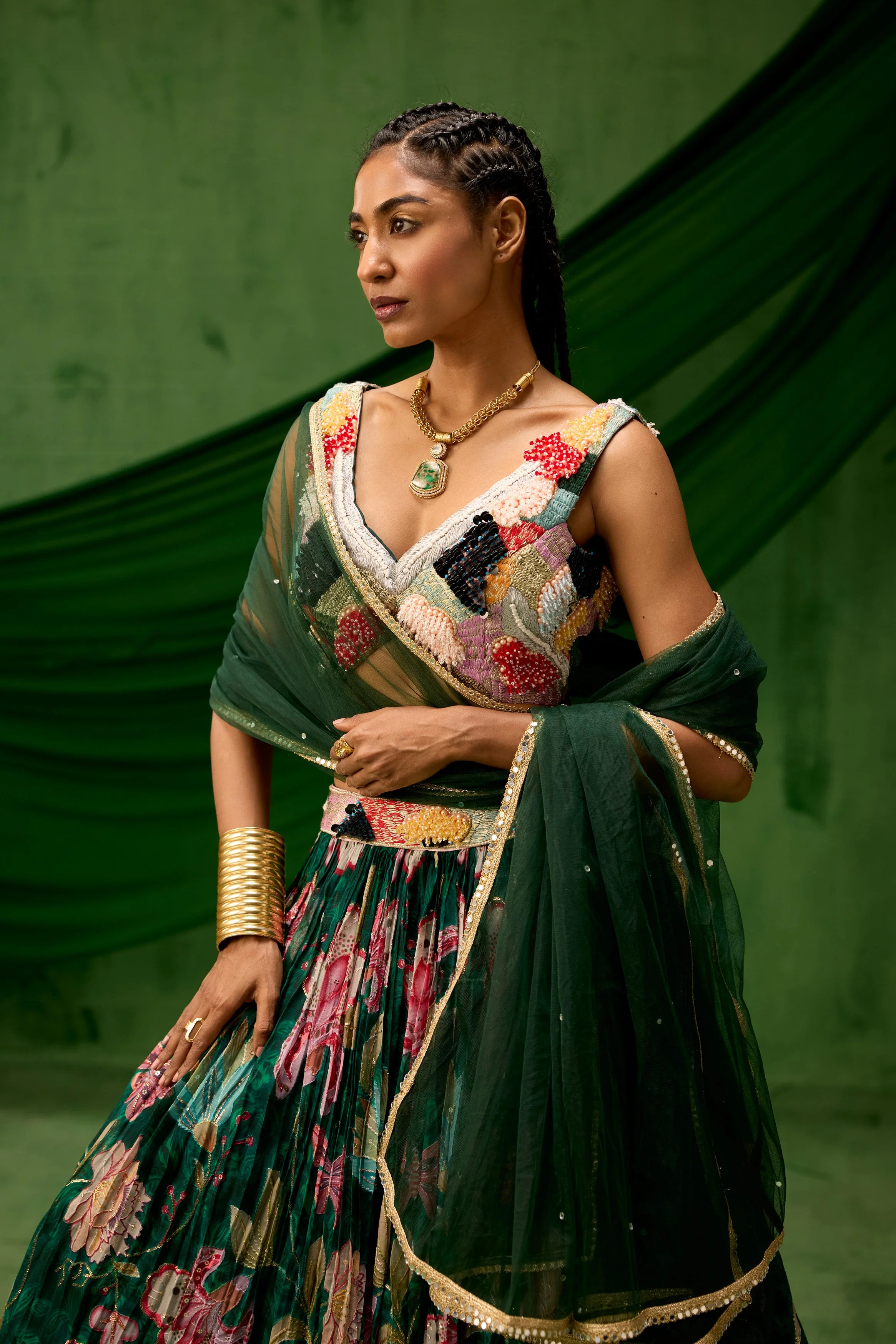 Emerald Green Embellished Soft Organza Silk Lehenga Set - Image 3