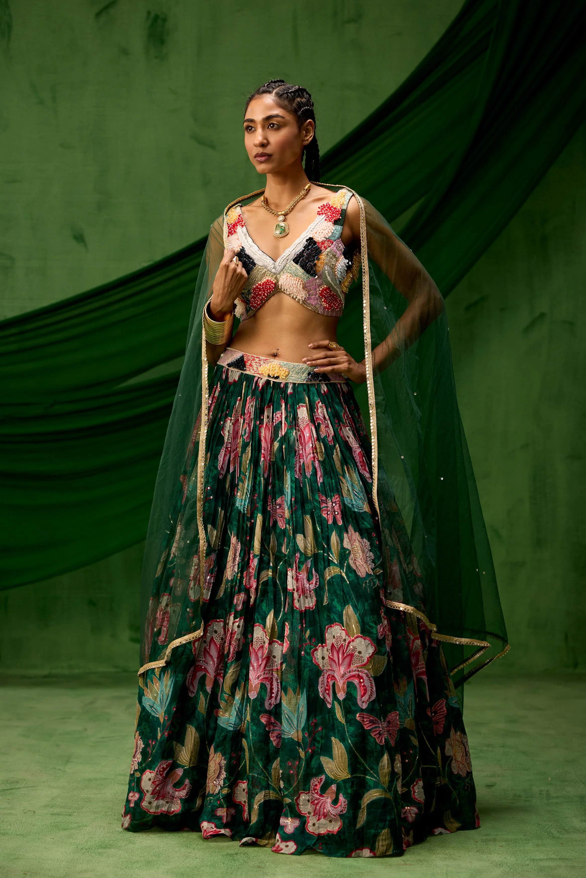 Emerald Green Embellished Soft Organza Silk Lehenga Set - Image 4