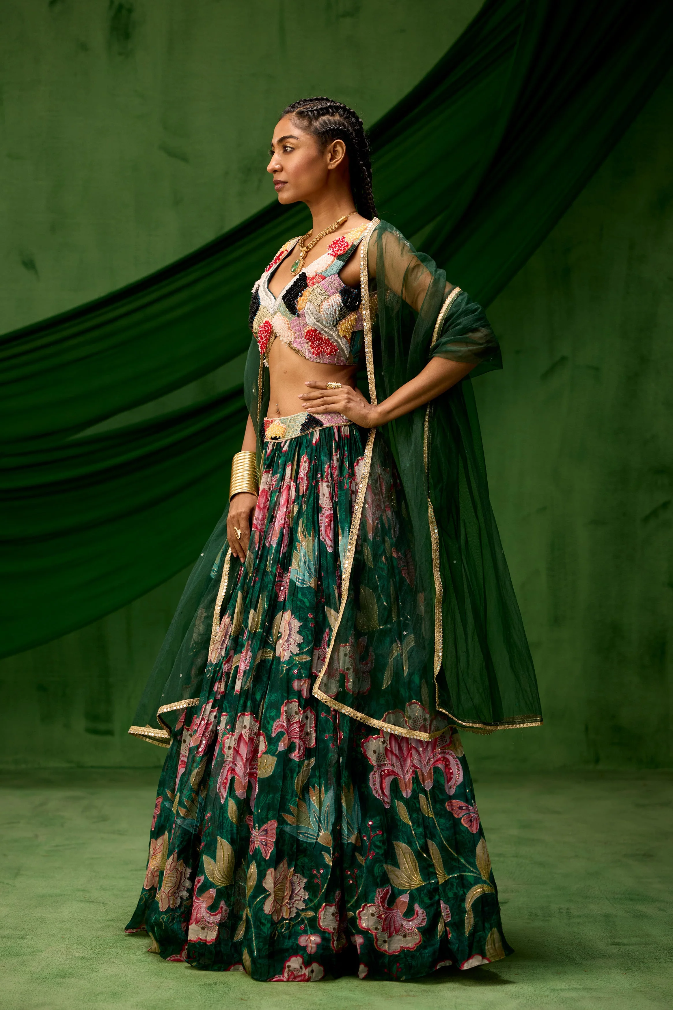 Emerald Green Embellished Soft Organza Silk Lehenga Set - Image 5