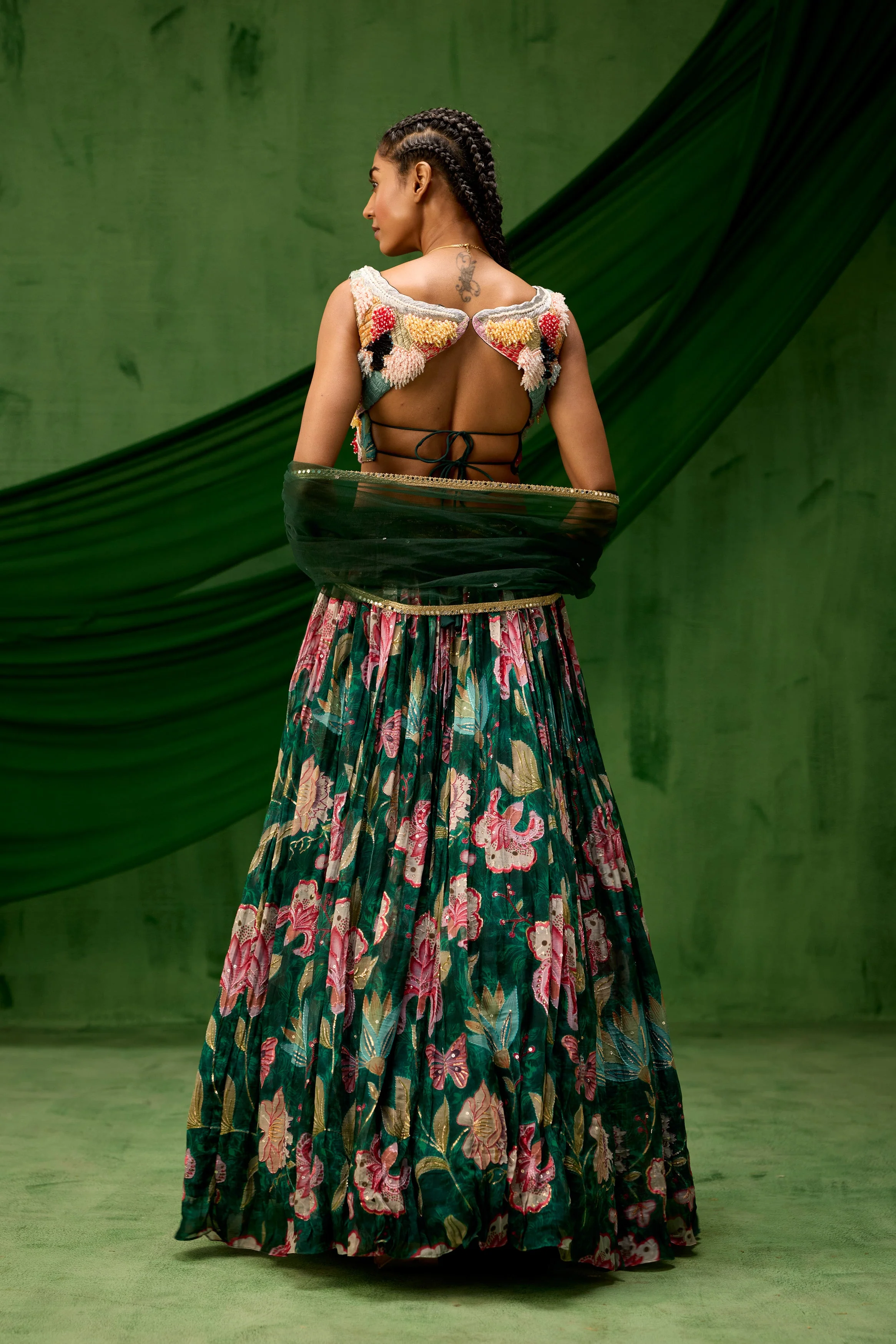 Emerald Green Embellished Soft Organza Silk Lehenga Set - Image 6