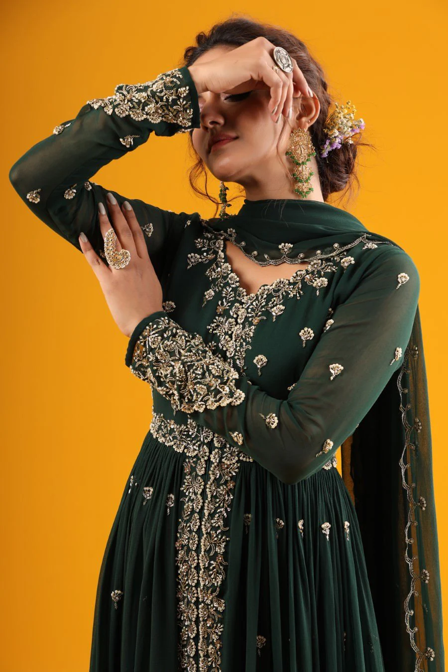 Emerald Green Hand Embroidered Kurta & Palazzo With Dupatta - Image 2