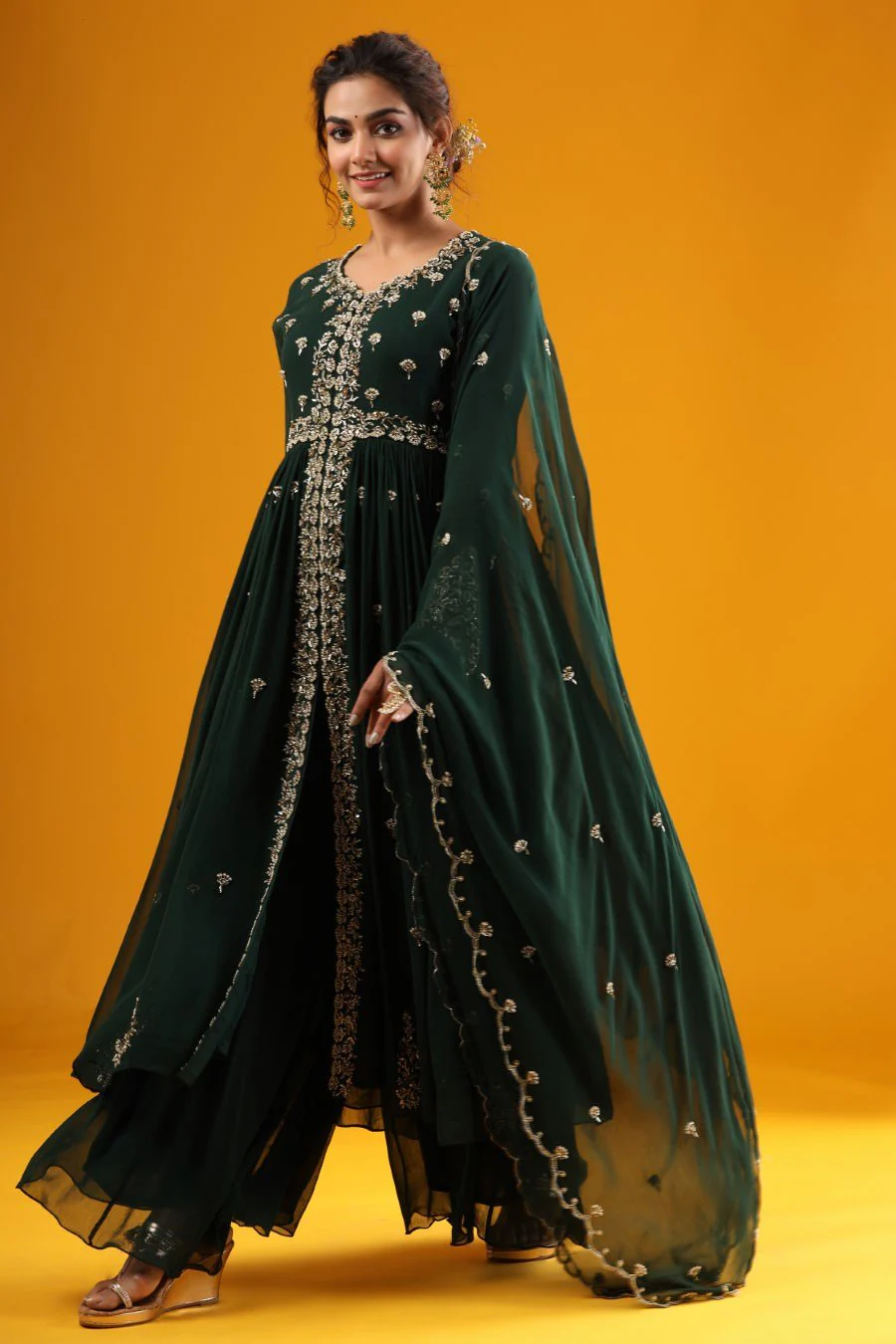 Emerald Green Hand Embroidered Kurta & Palazzo With Dupatta - Image 3