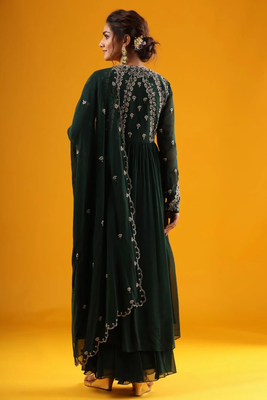 Emerald Green Hand Embroidered Kurta & Palazzo With Dupatta - Image 5