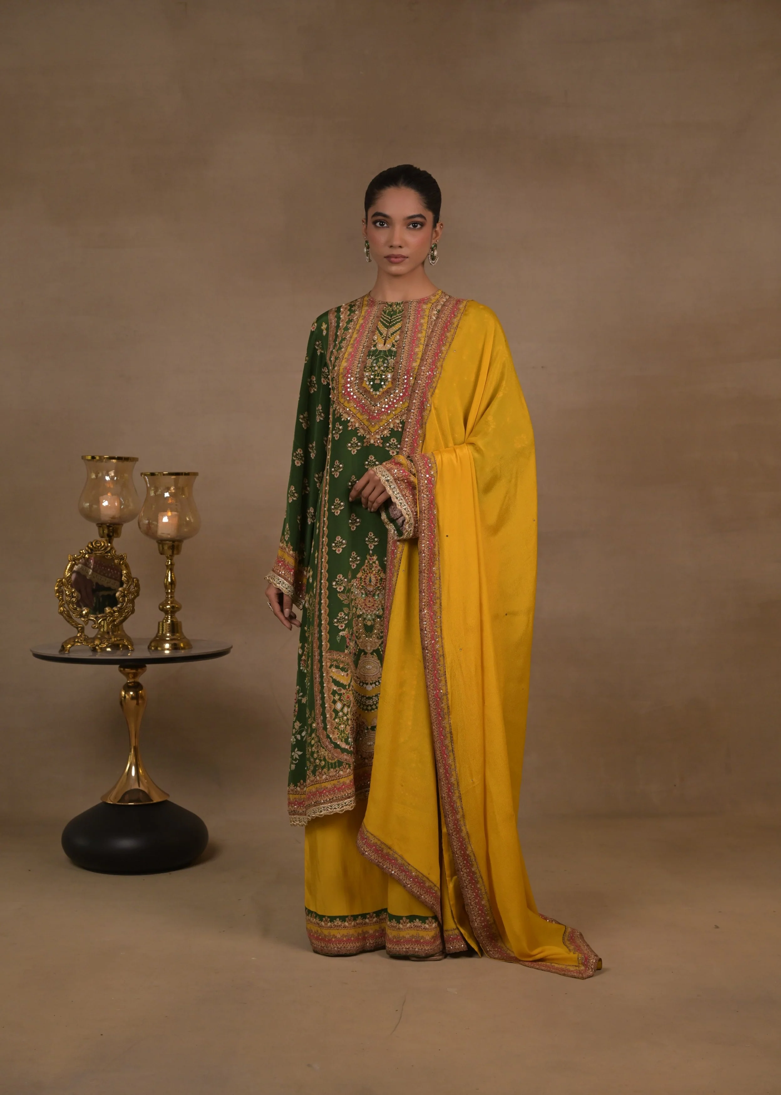 Emerald Hue Embellished Crepe Silk Pant Set