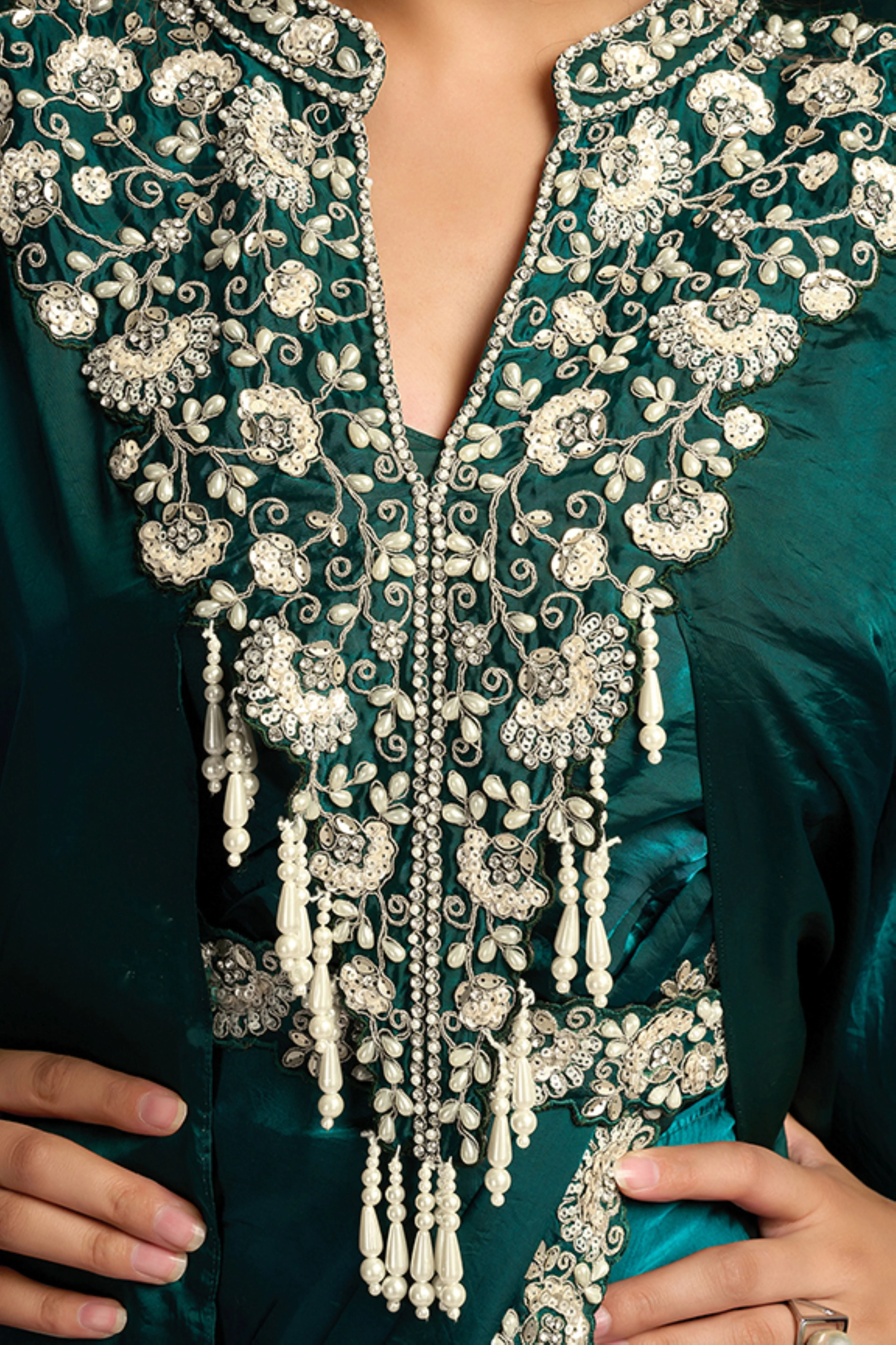 Emerald Royal Embellished Satin Silk Draped Saree - Image 2