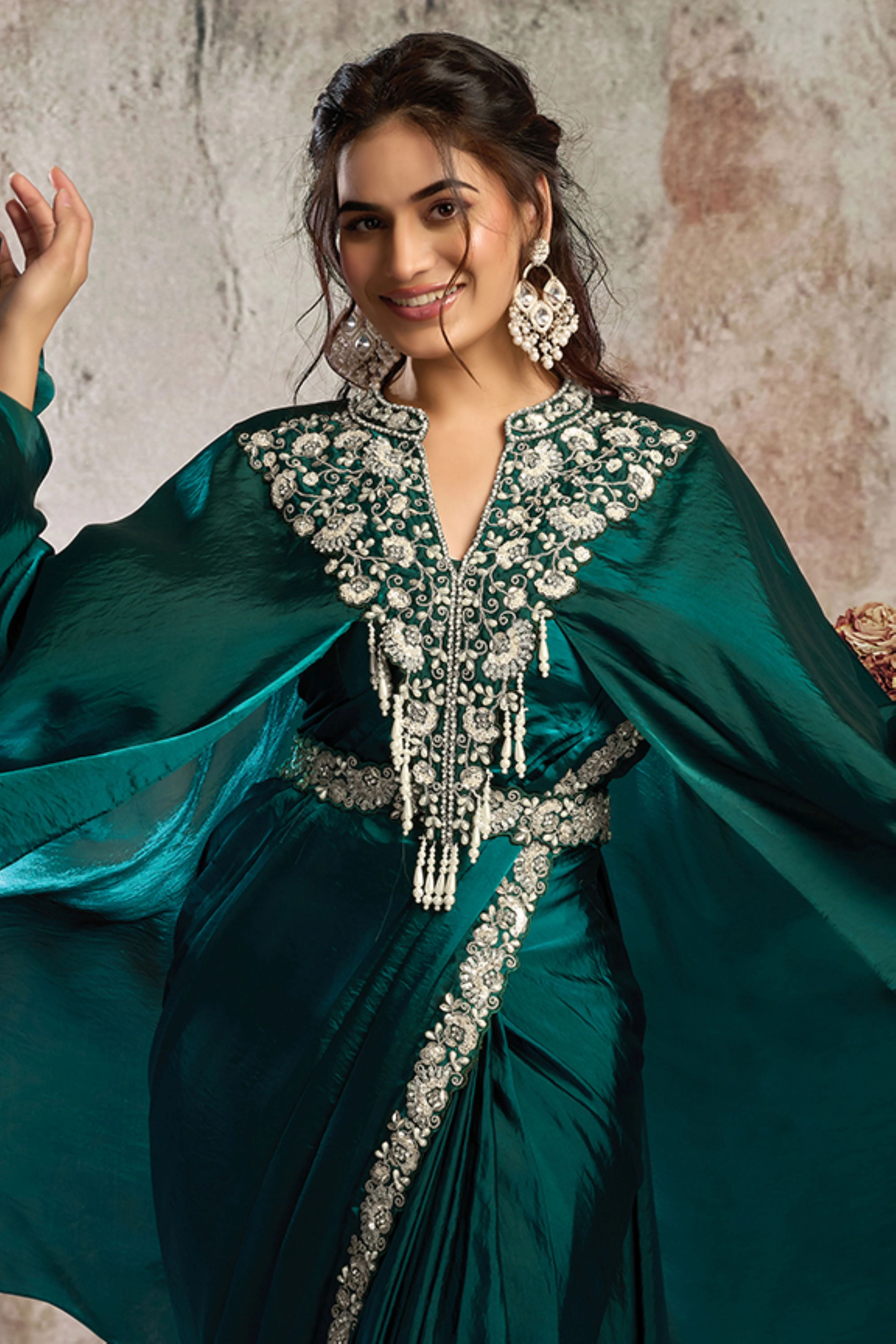 Emerald Royal Embellished Satin Silk Draped Saree - Image 3