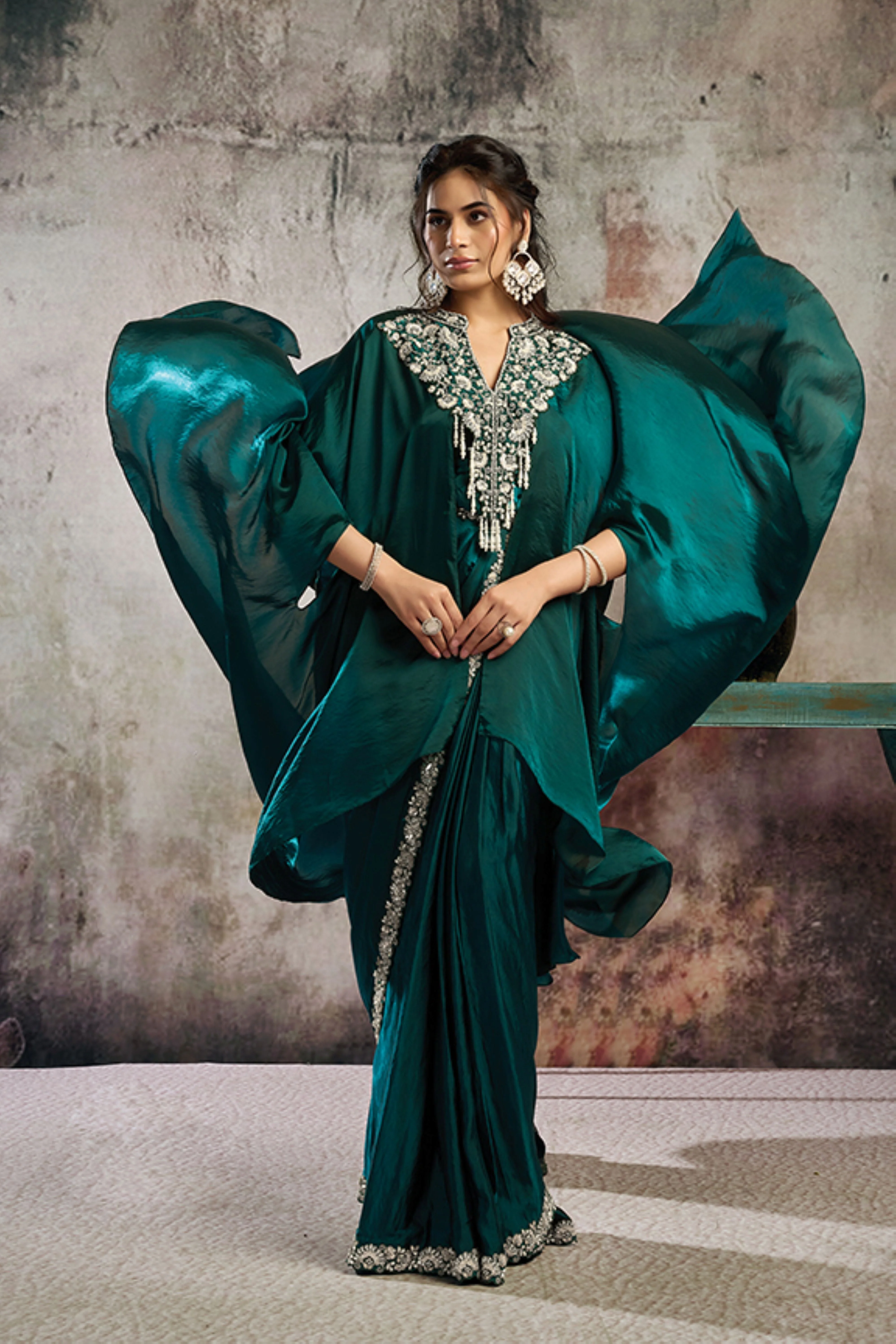 Emerald Royal Embellished Satin Silk Draped Saree - Image 4