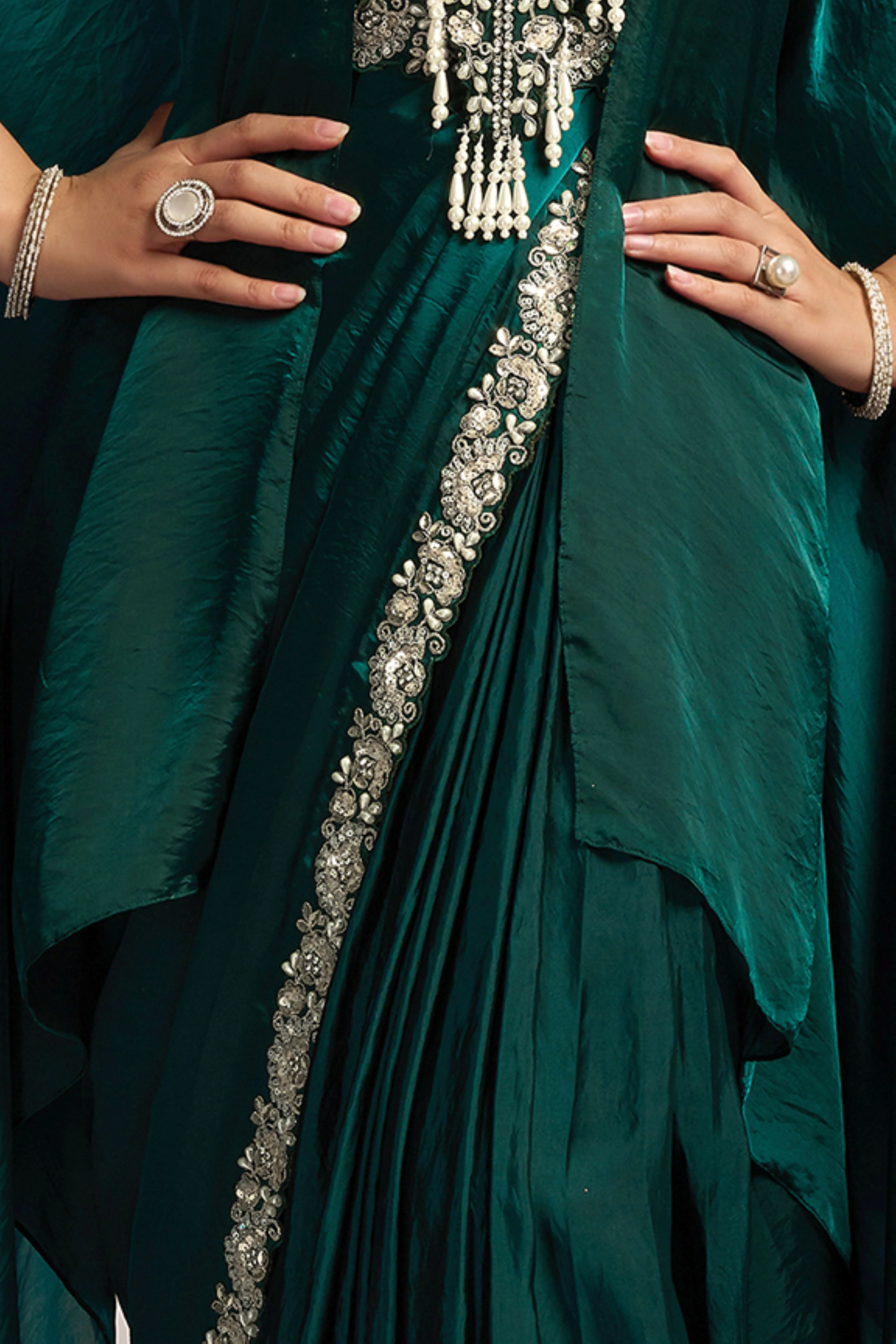 Emerald Royal Embellished Satin Silk Draped Saree - Image 5