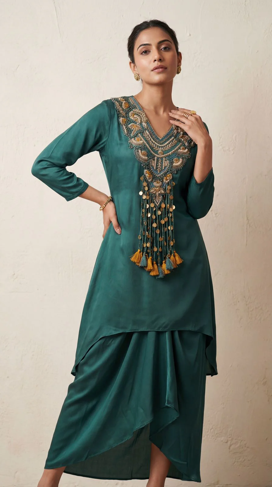 Emerald Teal Embroidered Satin Silk Draped Skirt Set