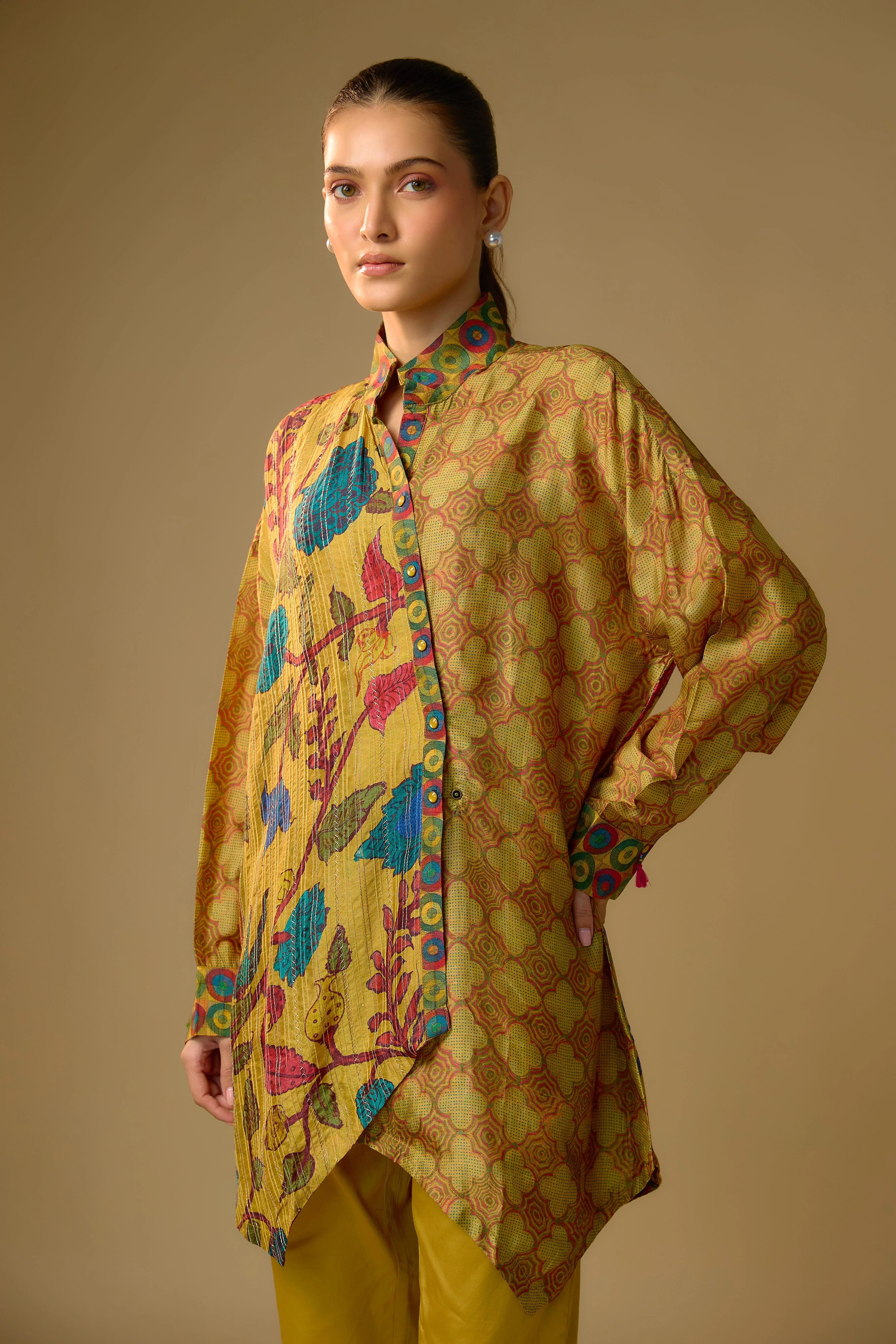 Mustard Yellow Floral Printed Slub Cotton Silk Tunic Top - Image 2