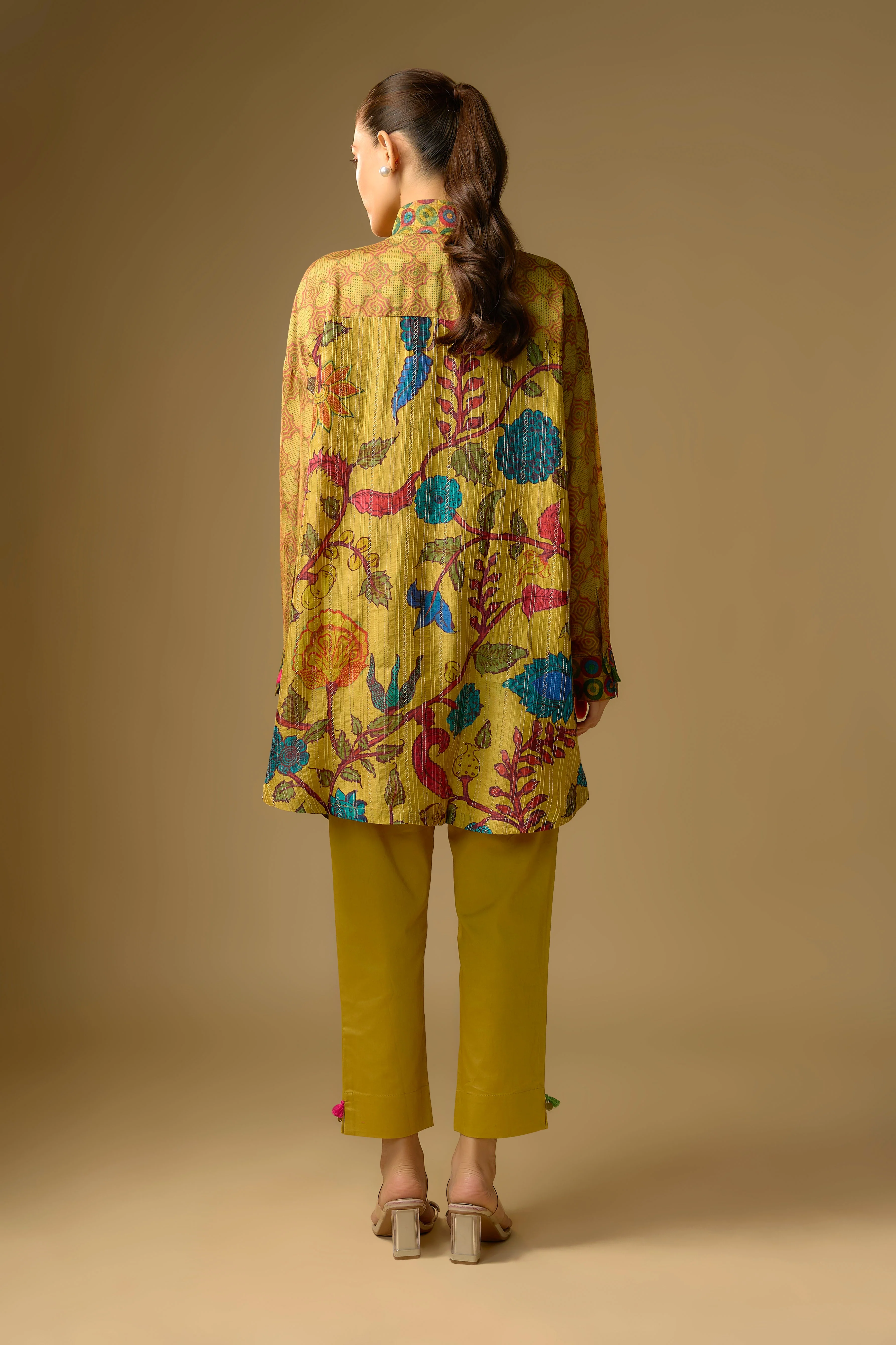 Mustard Yellow Floral Printed Slub Cotton Silk Tunic Top - Image 3