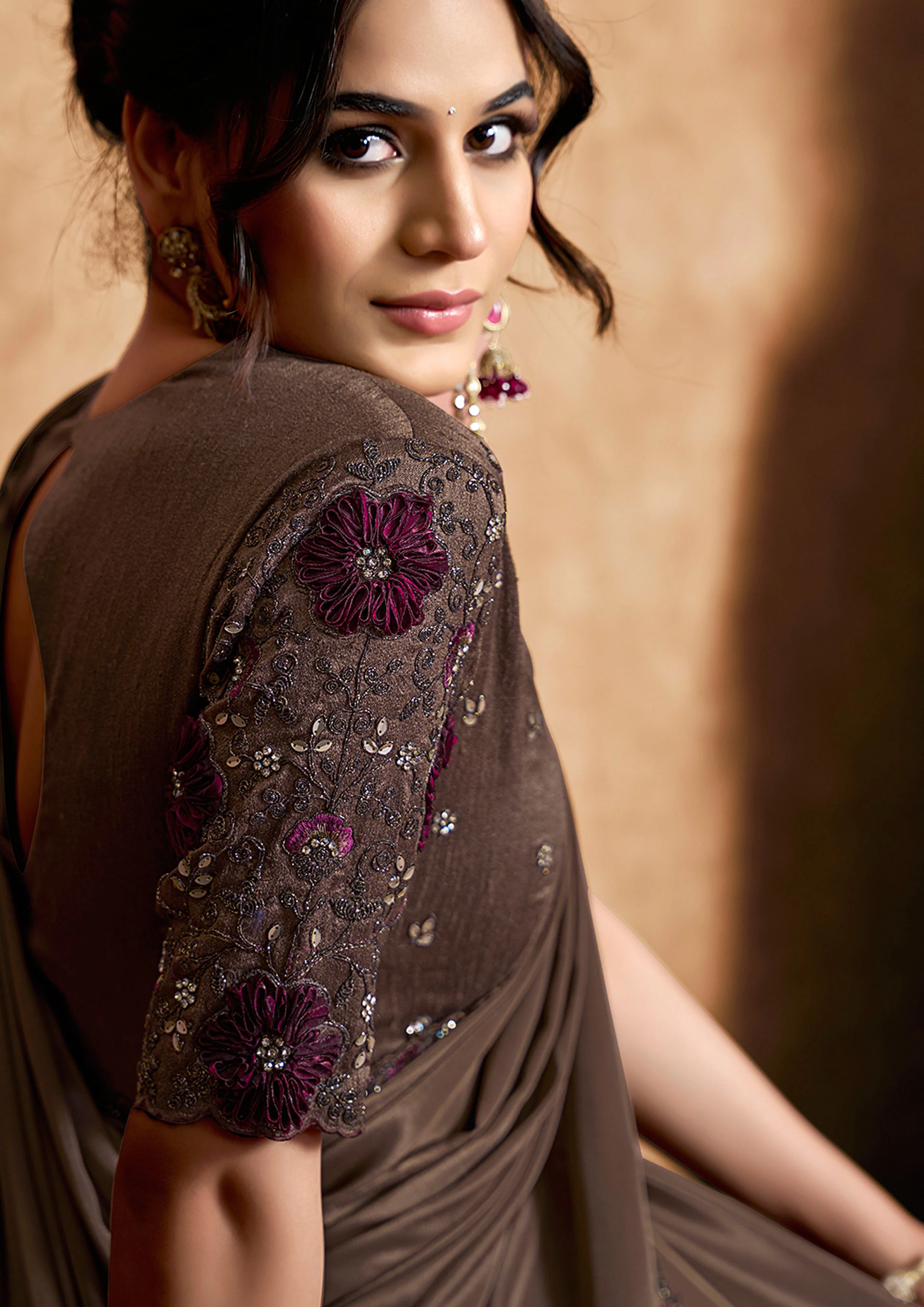 Espresso Brown Embellished Satin Silk Saree - Image 3