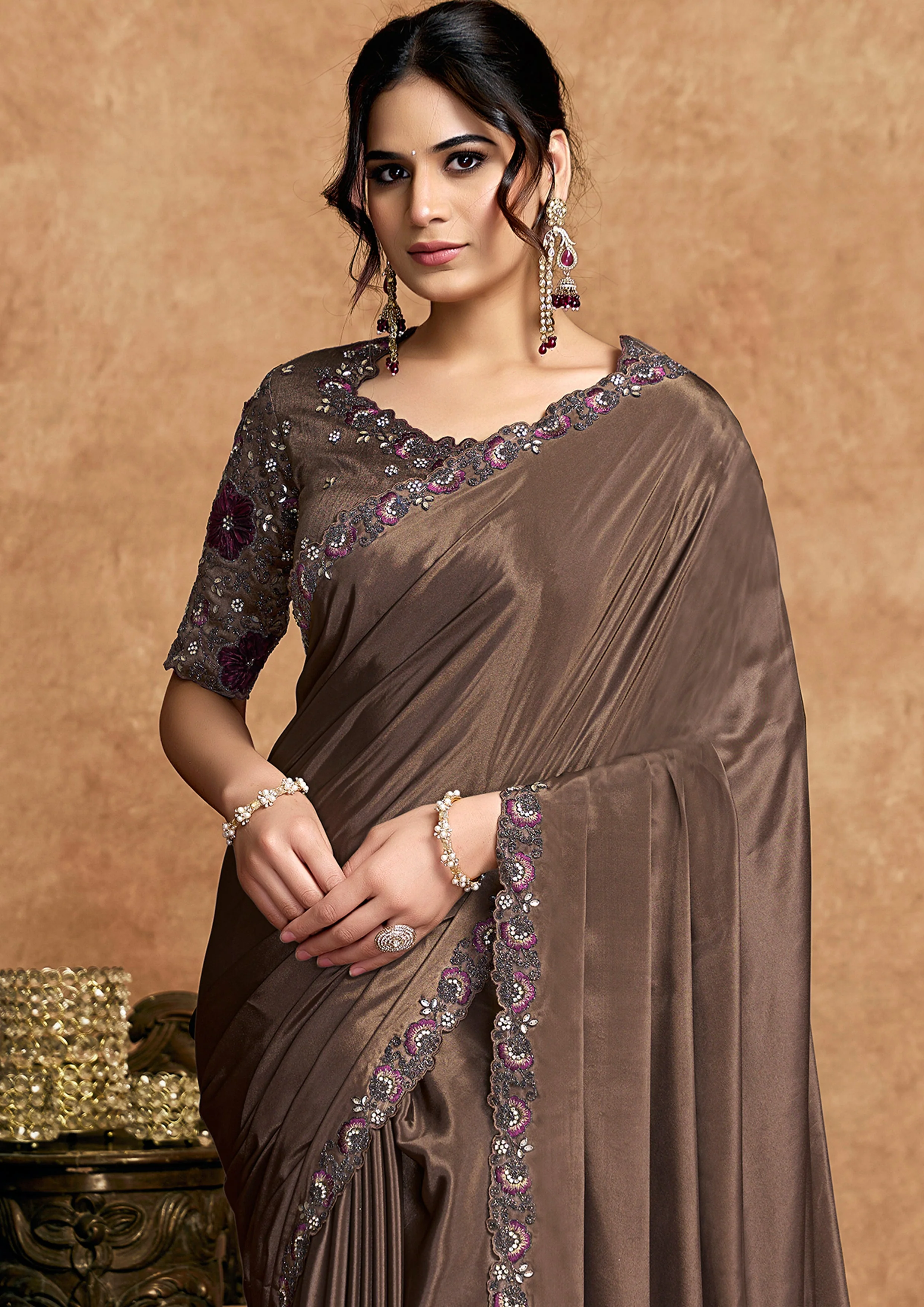 Espresso Brown Embellished Satin Silk Saree - Image 4