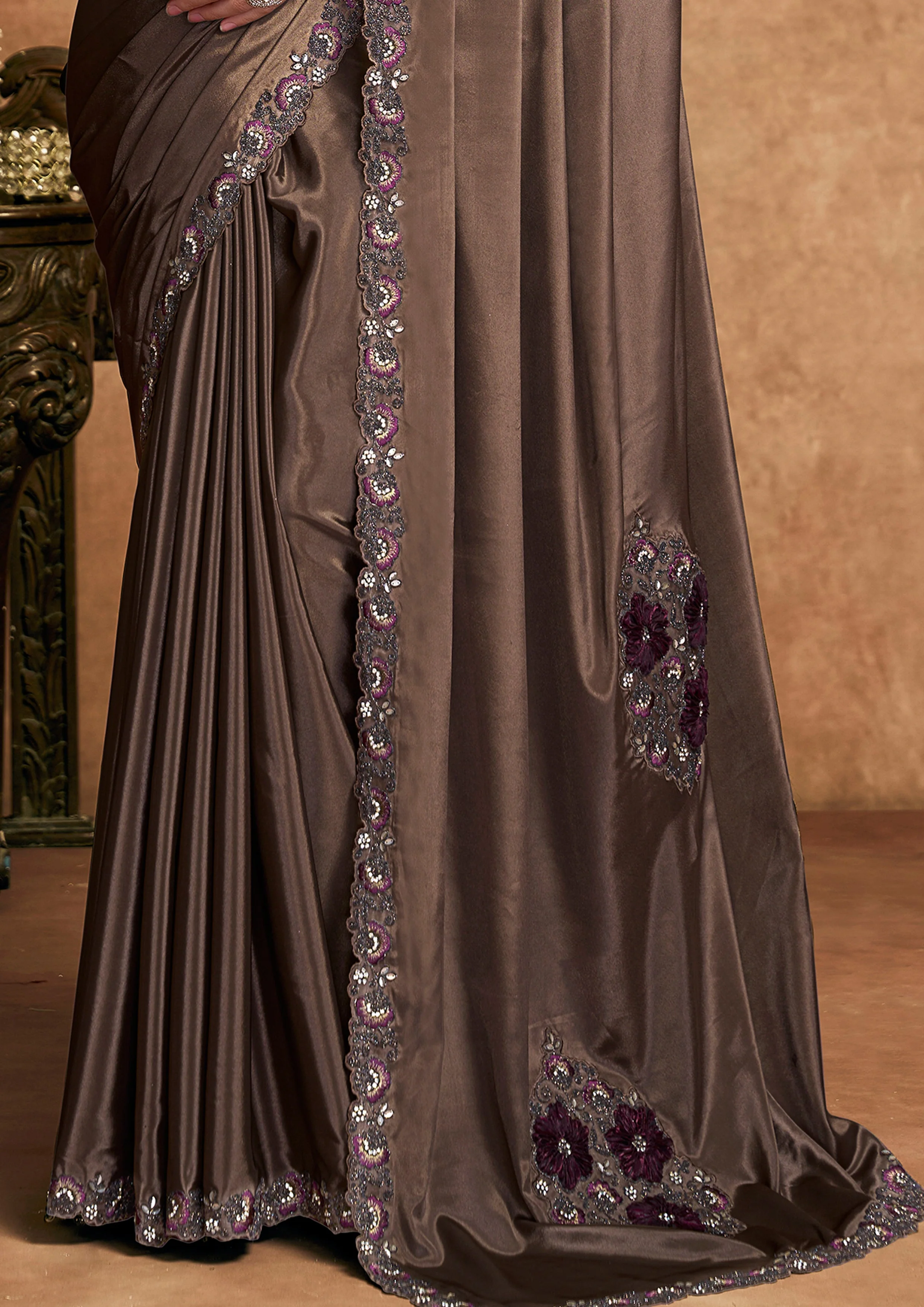 Espresso Brown Embellished Satin Silk Saree - Image 5