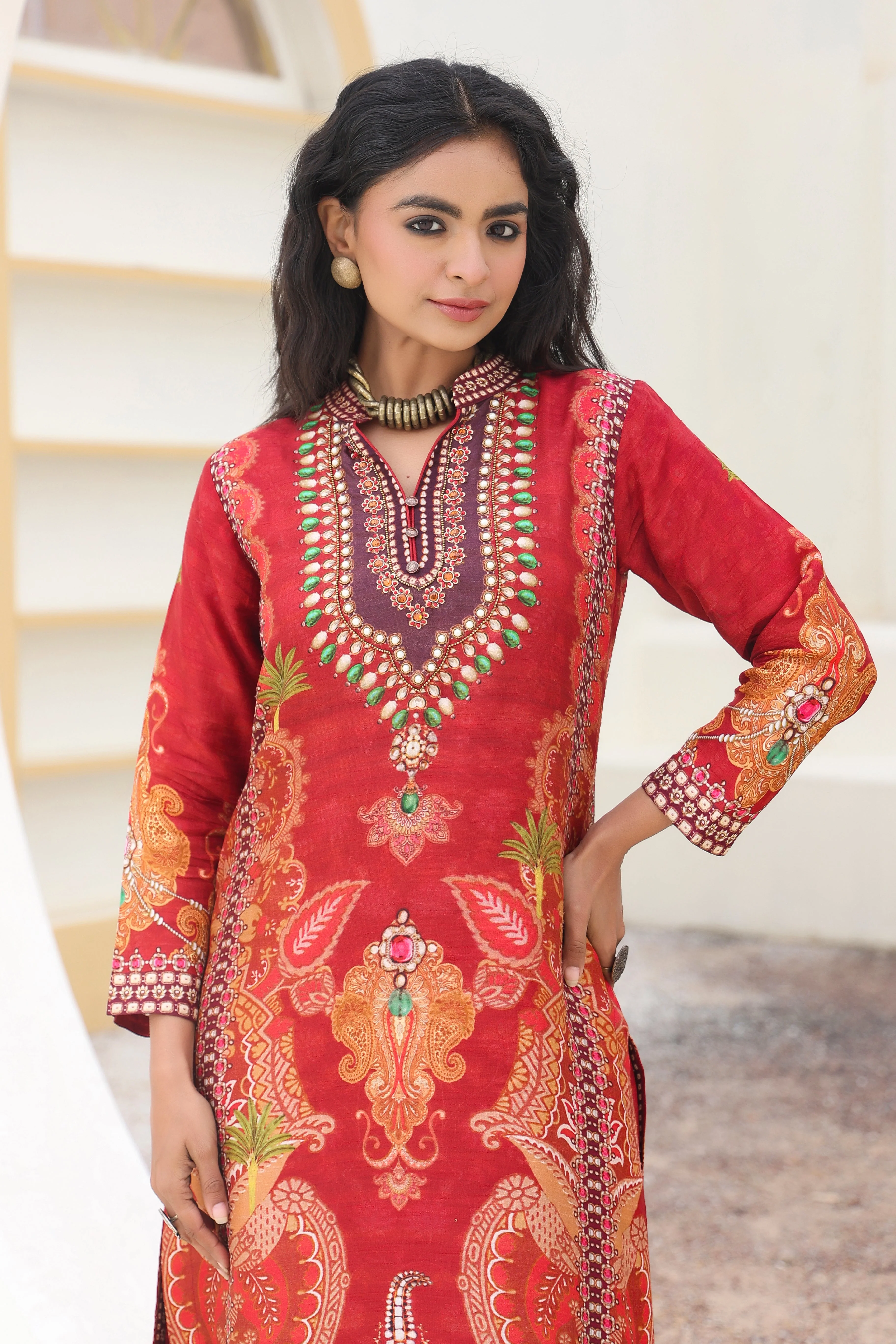 Red Ethnic Printed Dola Silk Kurta Palazzo Set - Image 2