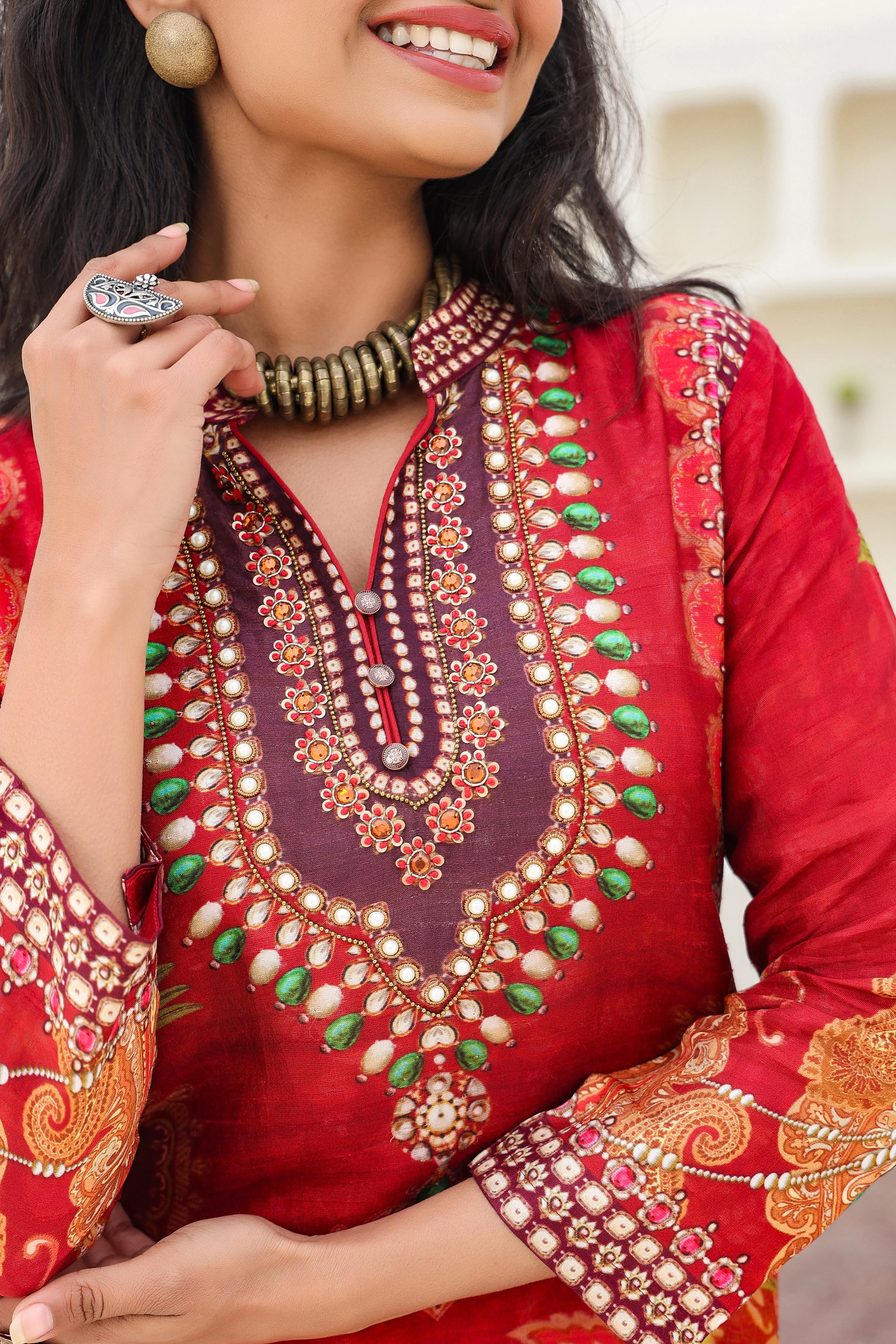 Red Ethnic Printed Dola Silk Kurta Palazzo Set - Image 3