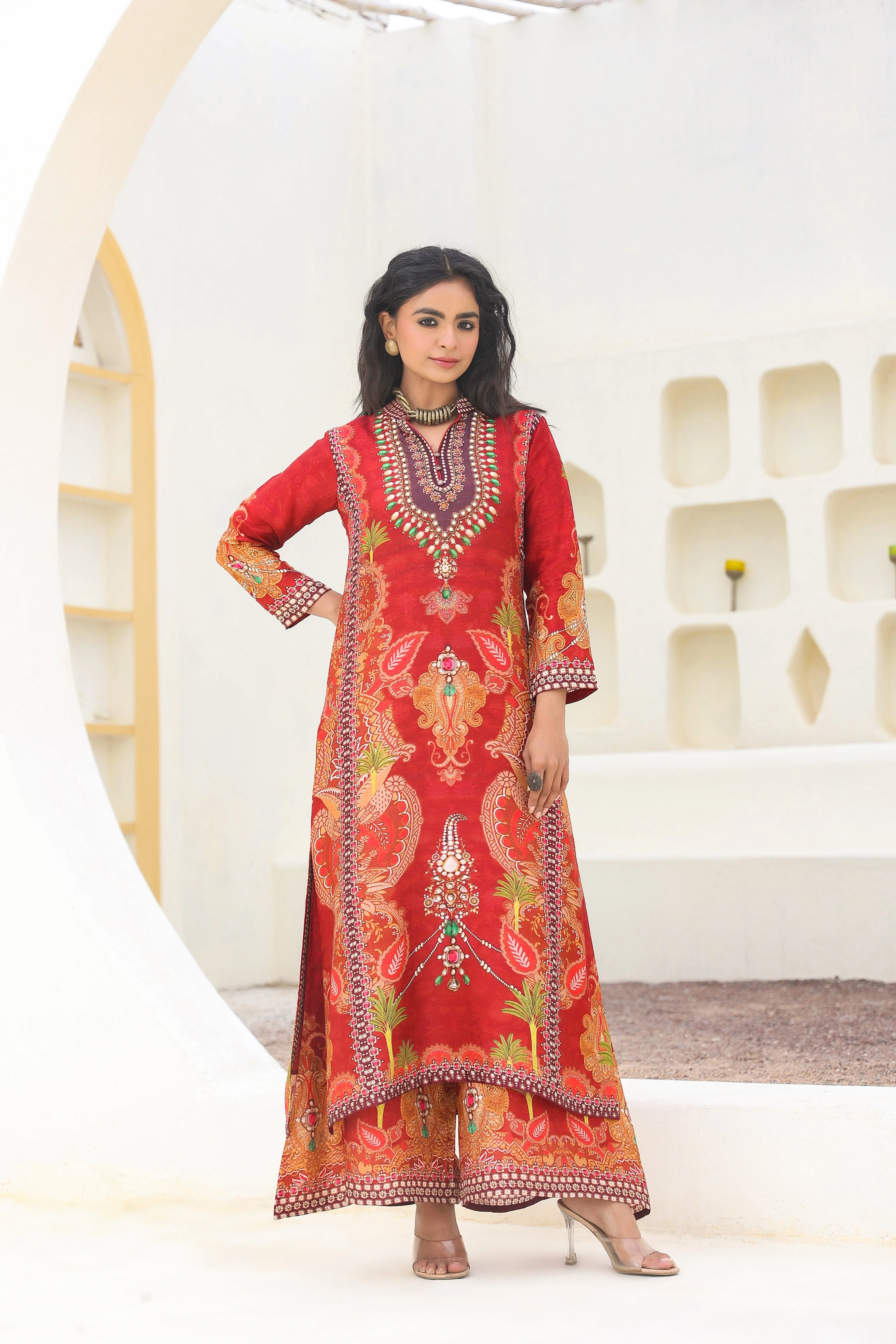 Red Ethnic Printed Dola Silk Kurta Palazzo Set - Image 4