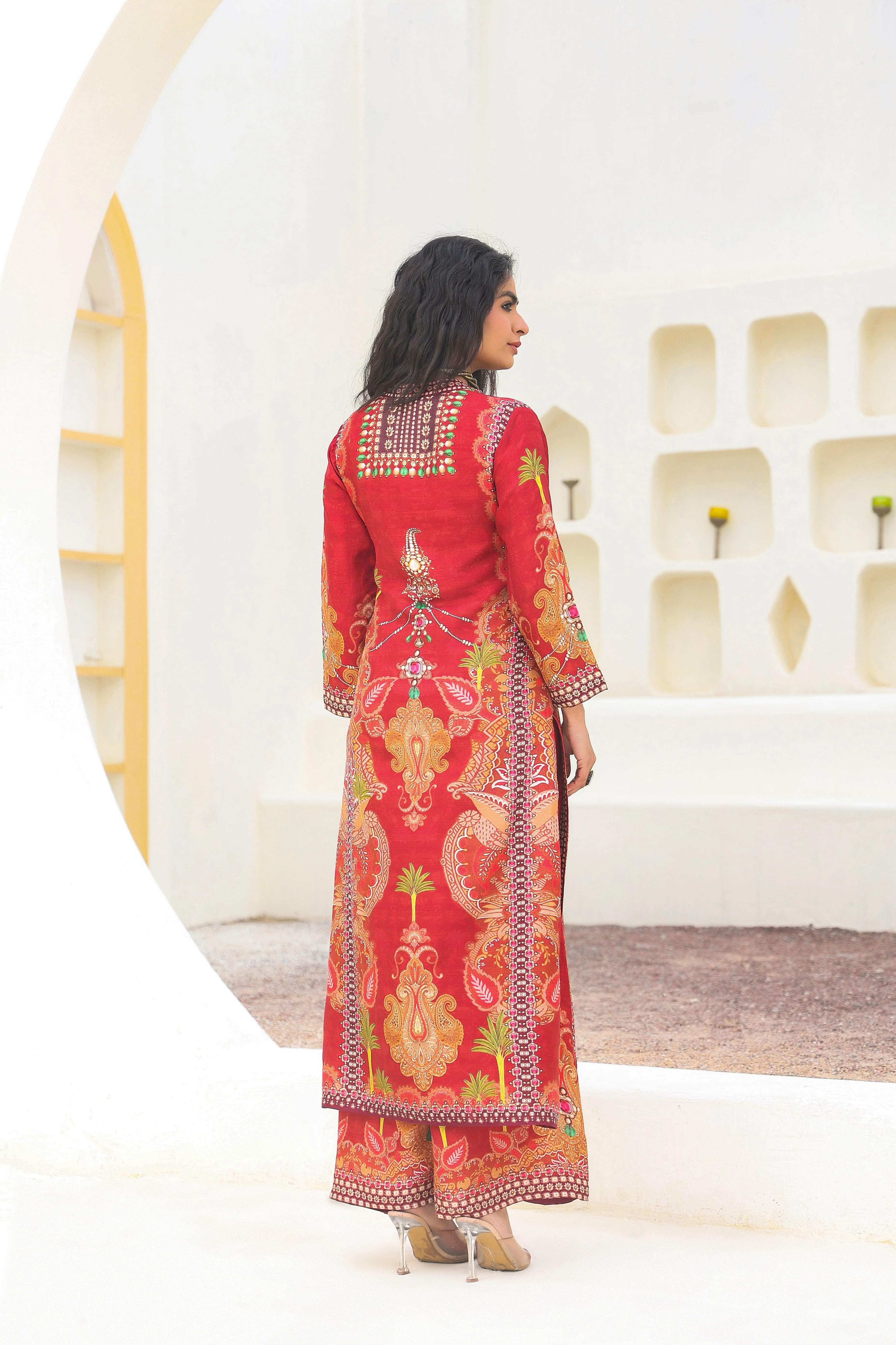 Red Ethnic Printed Dola Silk Kurta Palazzo Set - Image 5