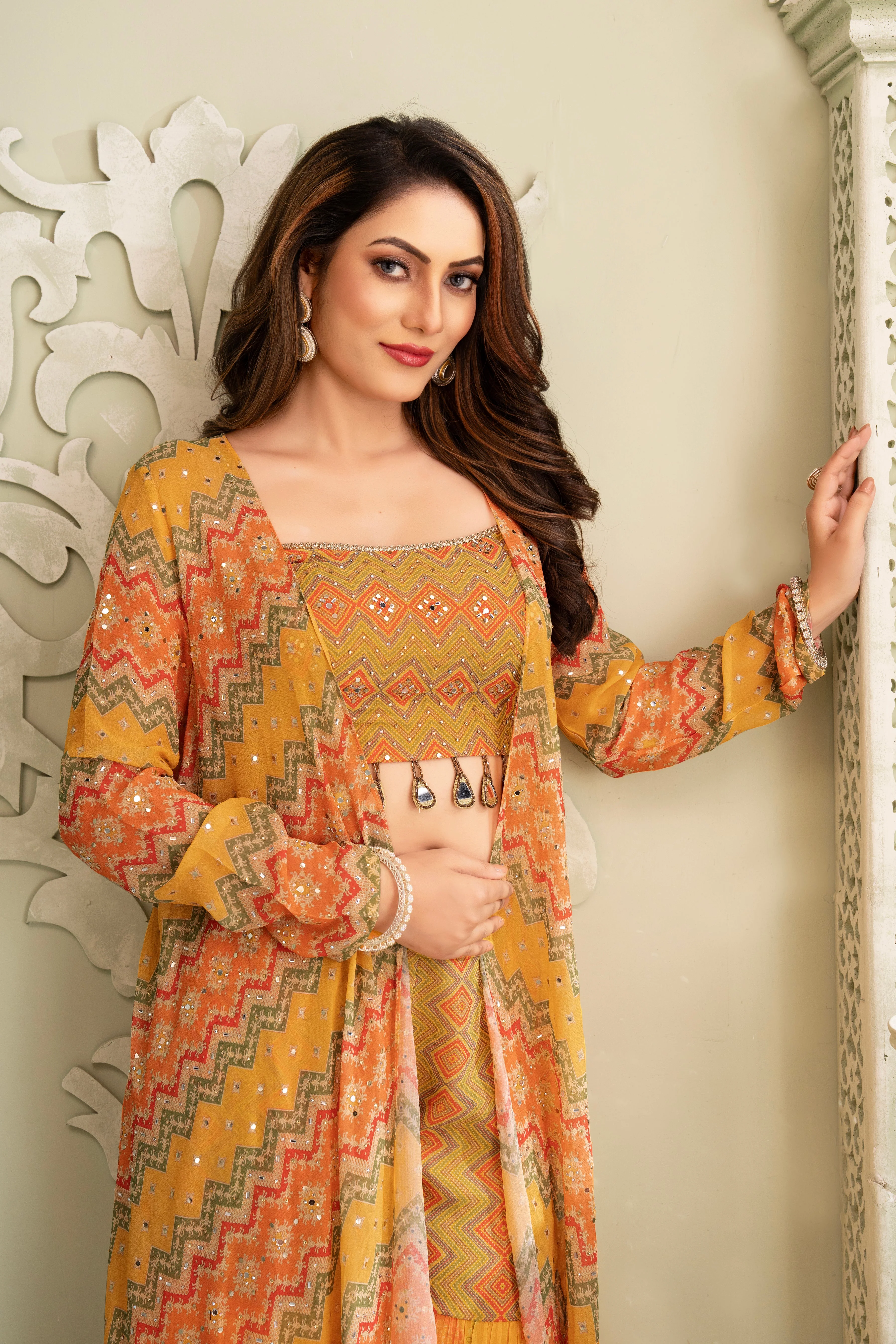 Celebrative Yellow Ethnic Printed Sharara Set - Image 2