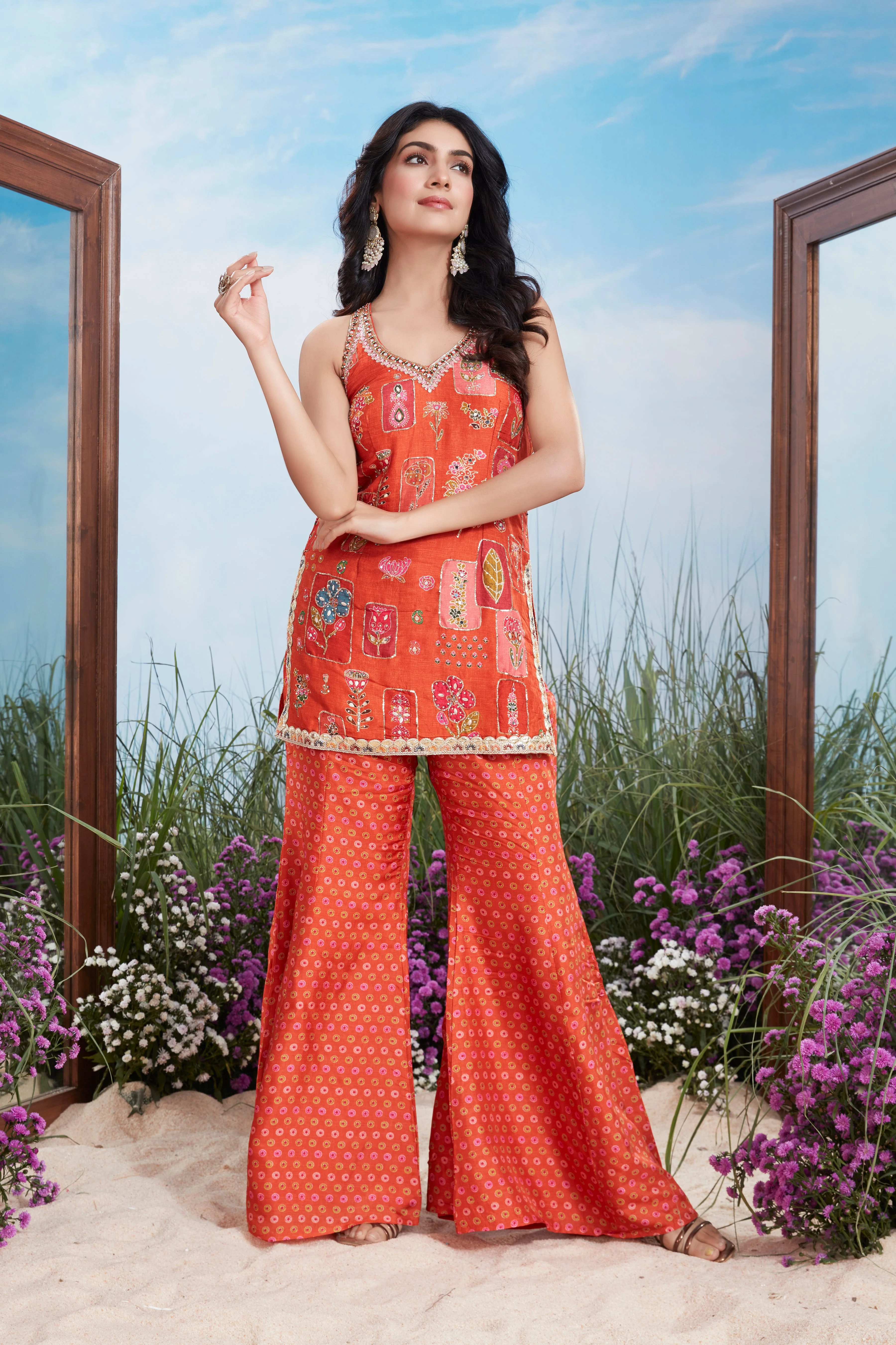 Festive Orange Multi-Print Premium Silk Palazzo Set - Image 2