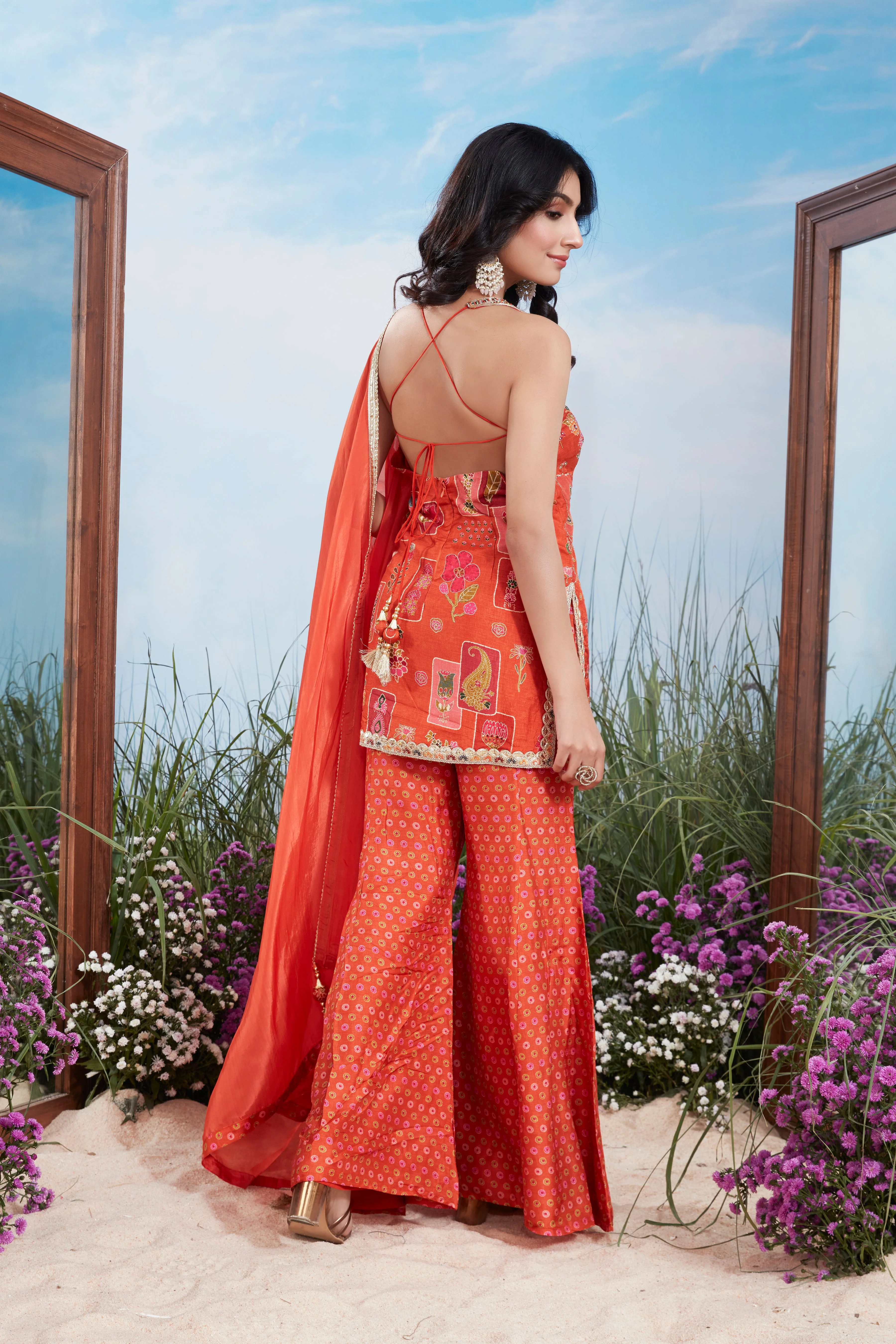 Festive Orange Multi-Print Premium Silk Palazzo Set - Image 3