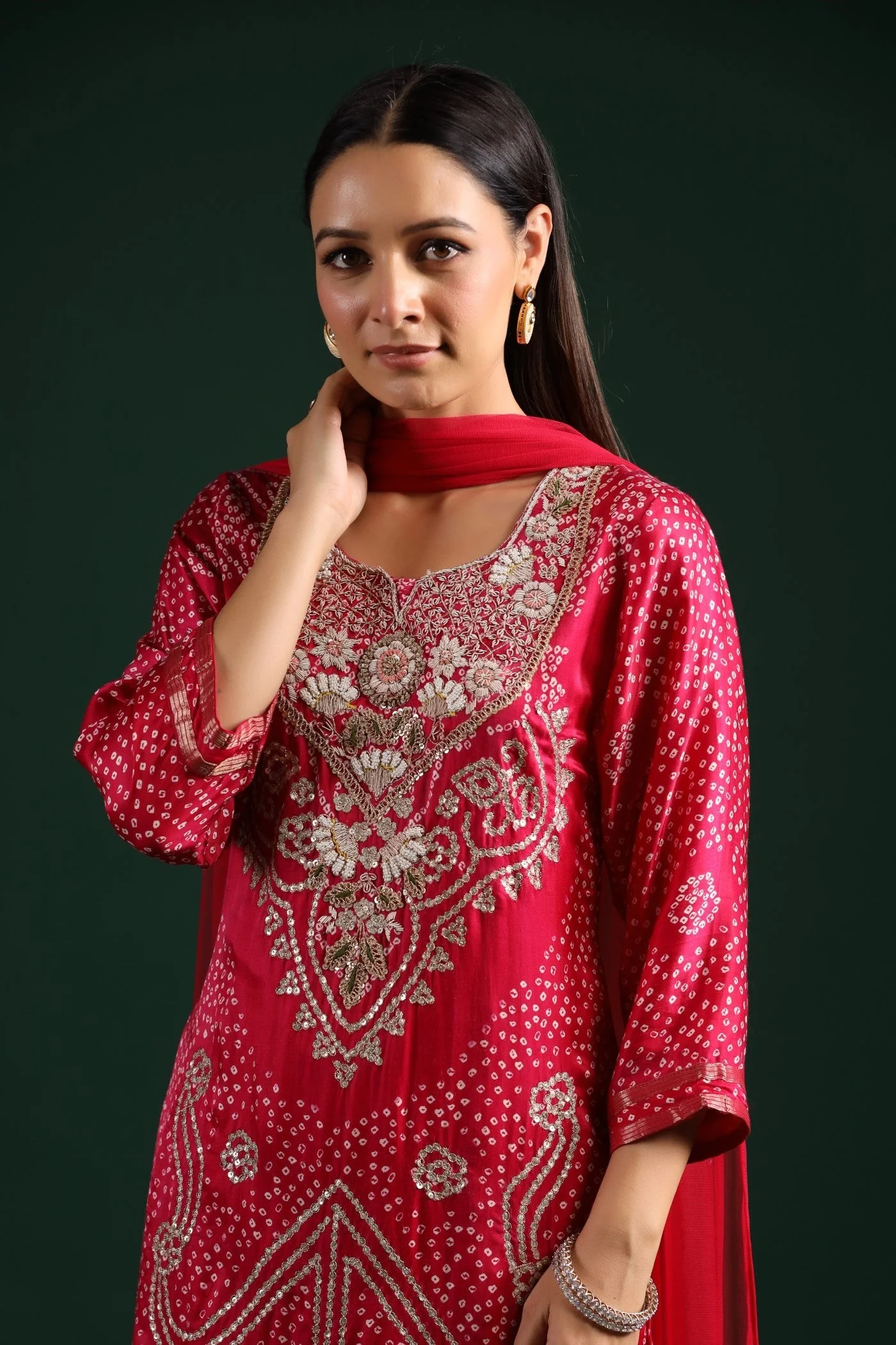 Festive Pink Bandhani Embroidered Kurta Set - Image 2