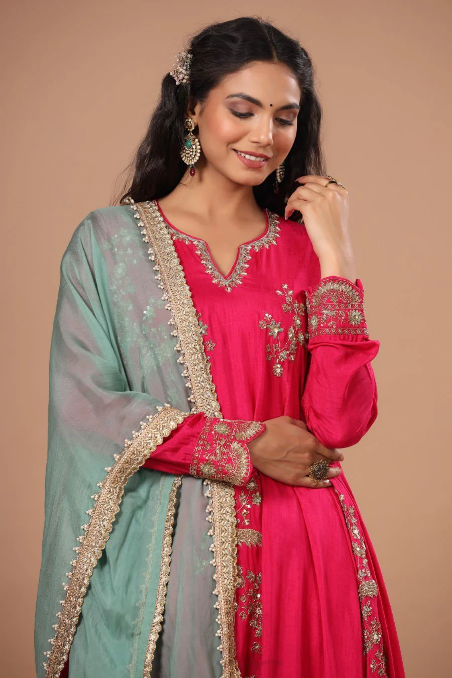 Festive Rani Pink Russian Silk Embellished Kurta Pant Set With Dupatta - Image 2