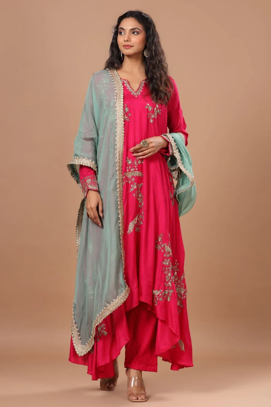 Festive Rani Pink Russian Silk Embellished Kurta Pant Set With Dupatta - Image 3