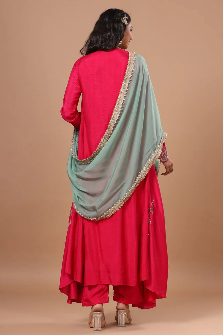 Festive Rani Pink Russian Silk Embellished Kurta Pant Set With Dupatta - Image 4