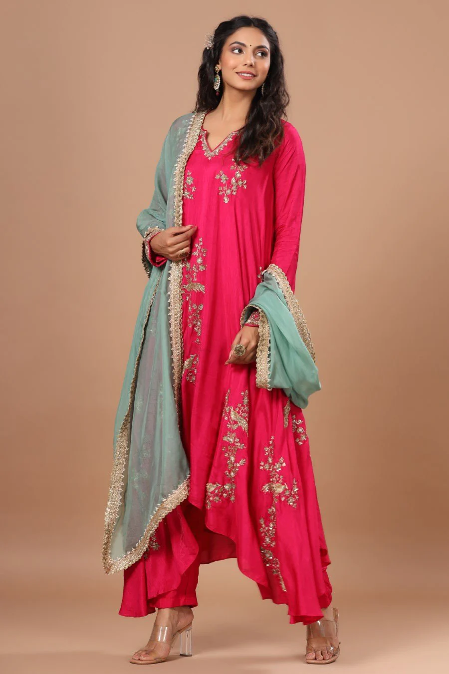 Festive Rani Pink Russian Silk Embellished Kurta Pant Set With Dupatta - Image 5
