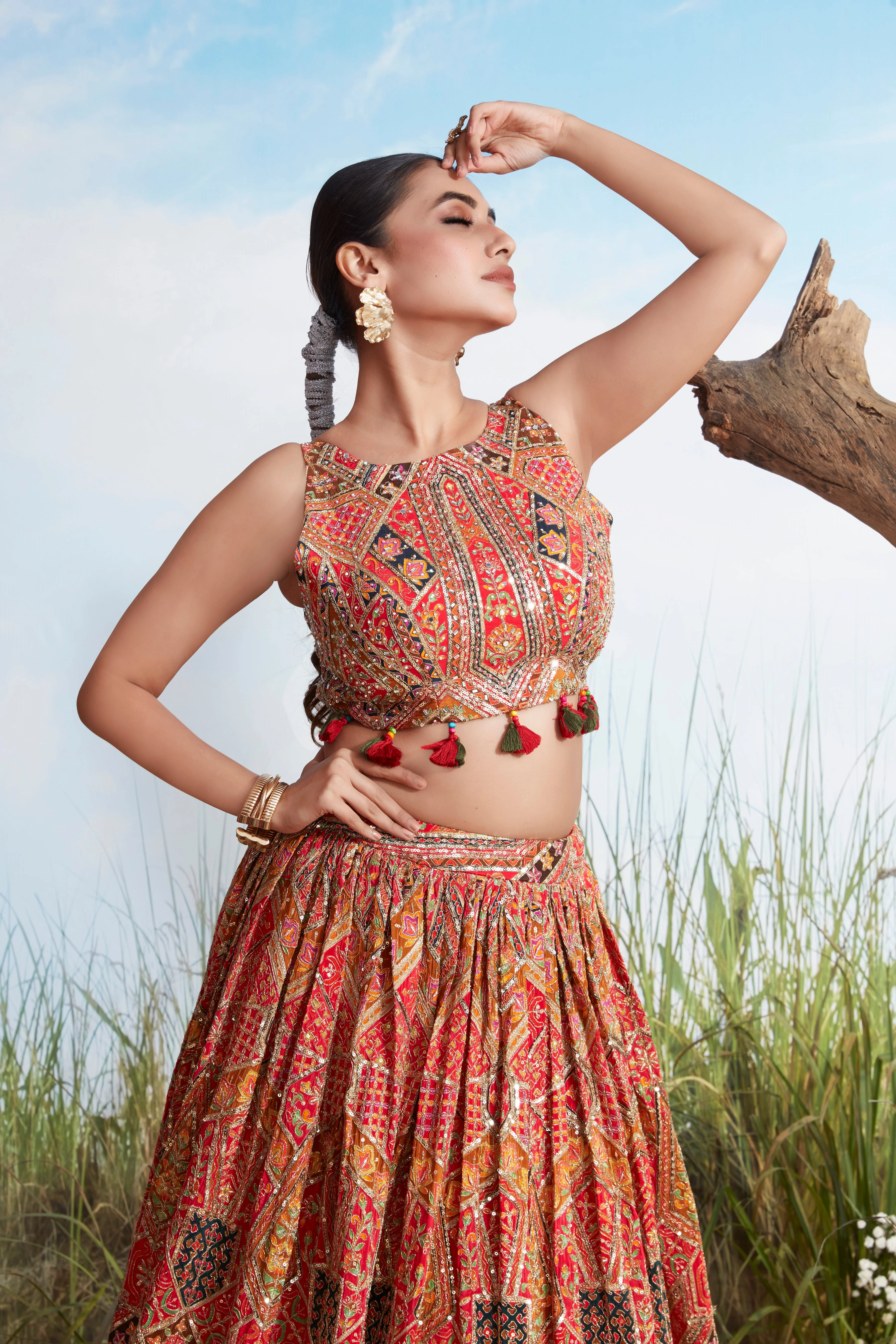 Festive Red Printed Crepe Silk Lehenga Set - Image 2
