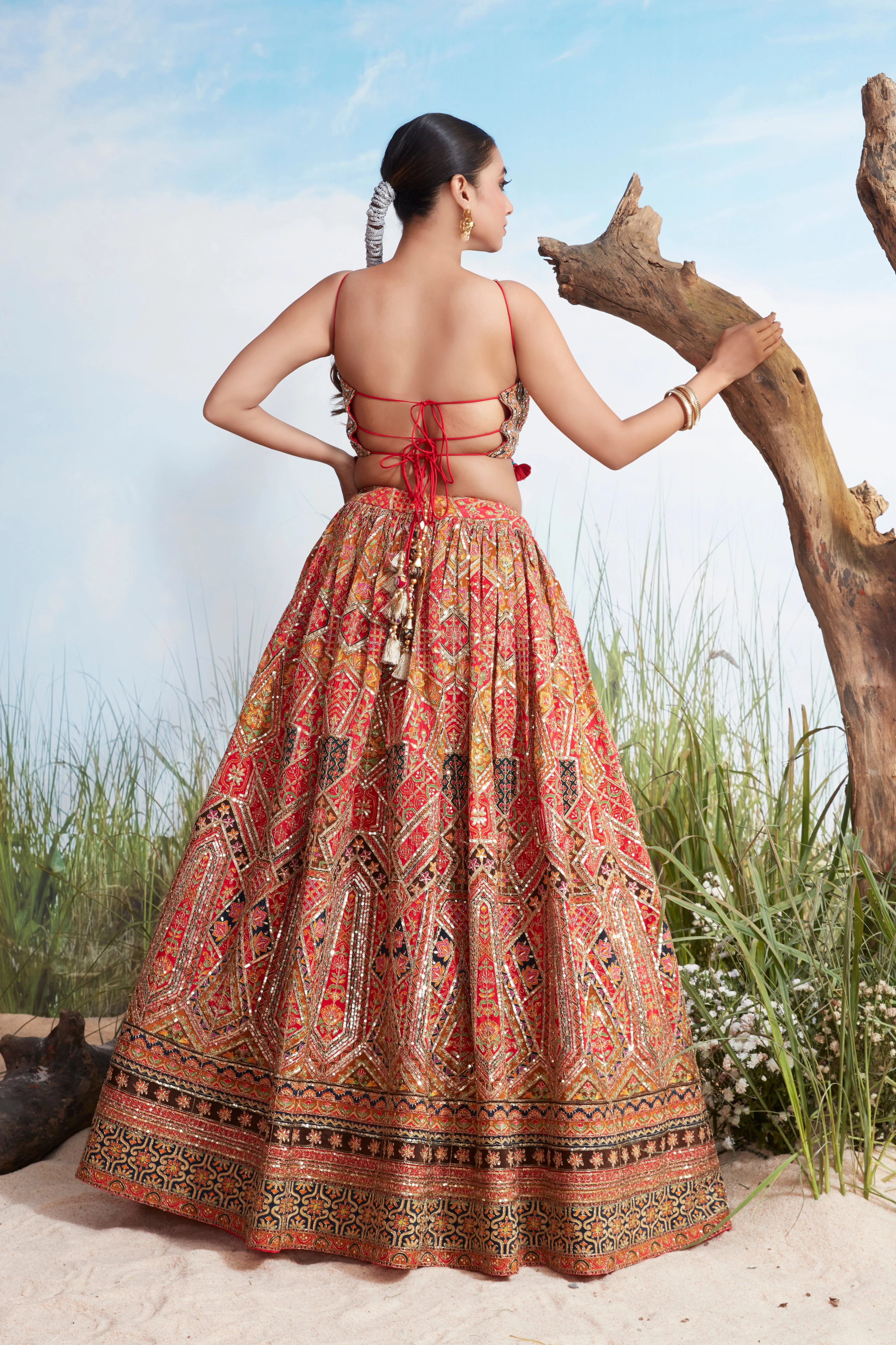 Festive Red Printed Crepe Silk Lehenga Set - Image 3