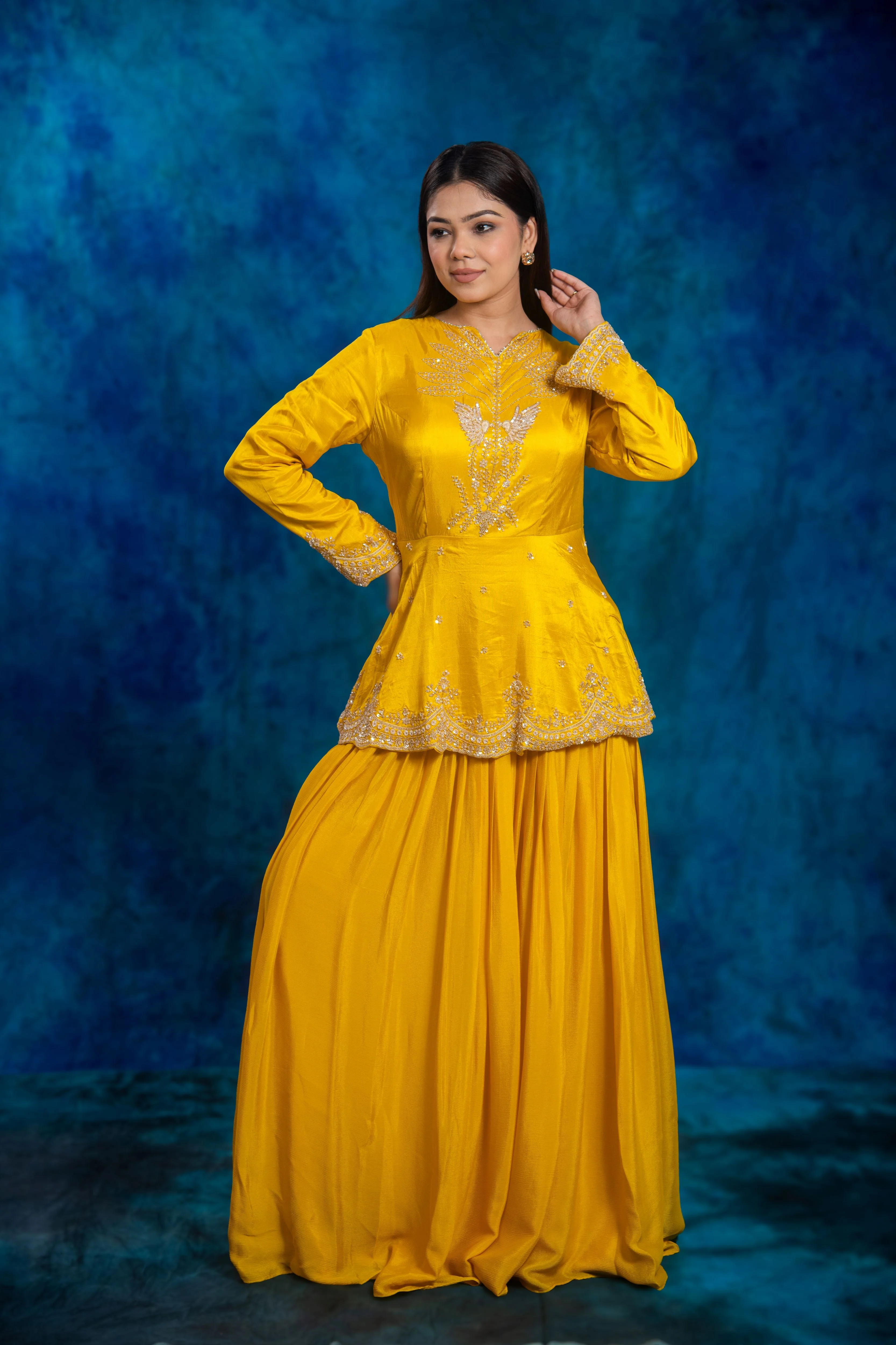 Festive Yellow Embellished Chinon Silk Skirt Set - Image 2