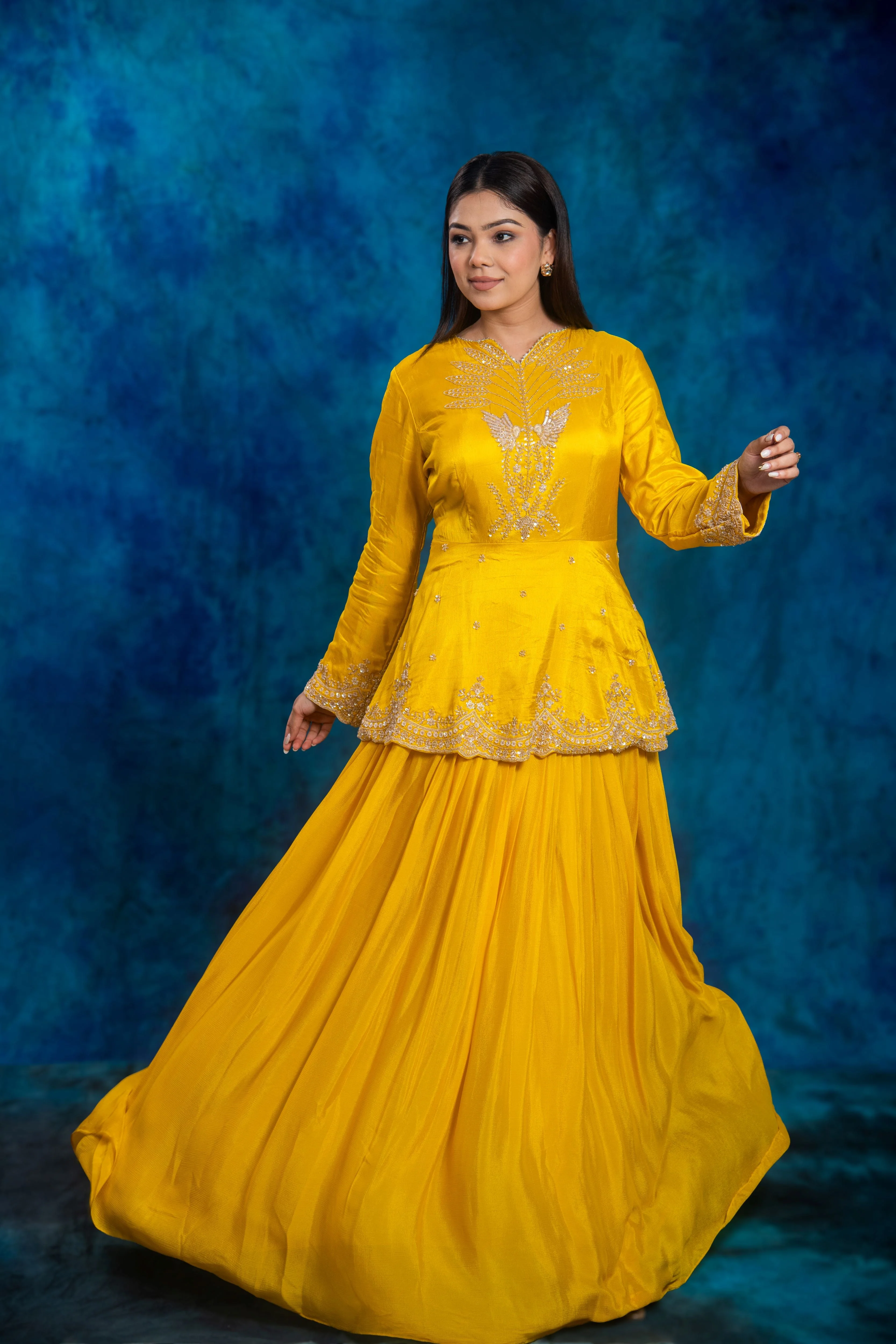 Festive Yellow Embellished Chinon Silk Skirt Set - Image 3