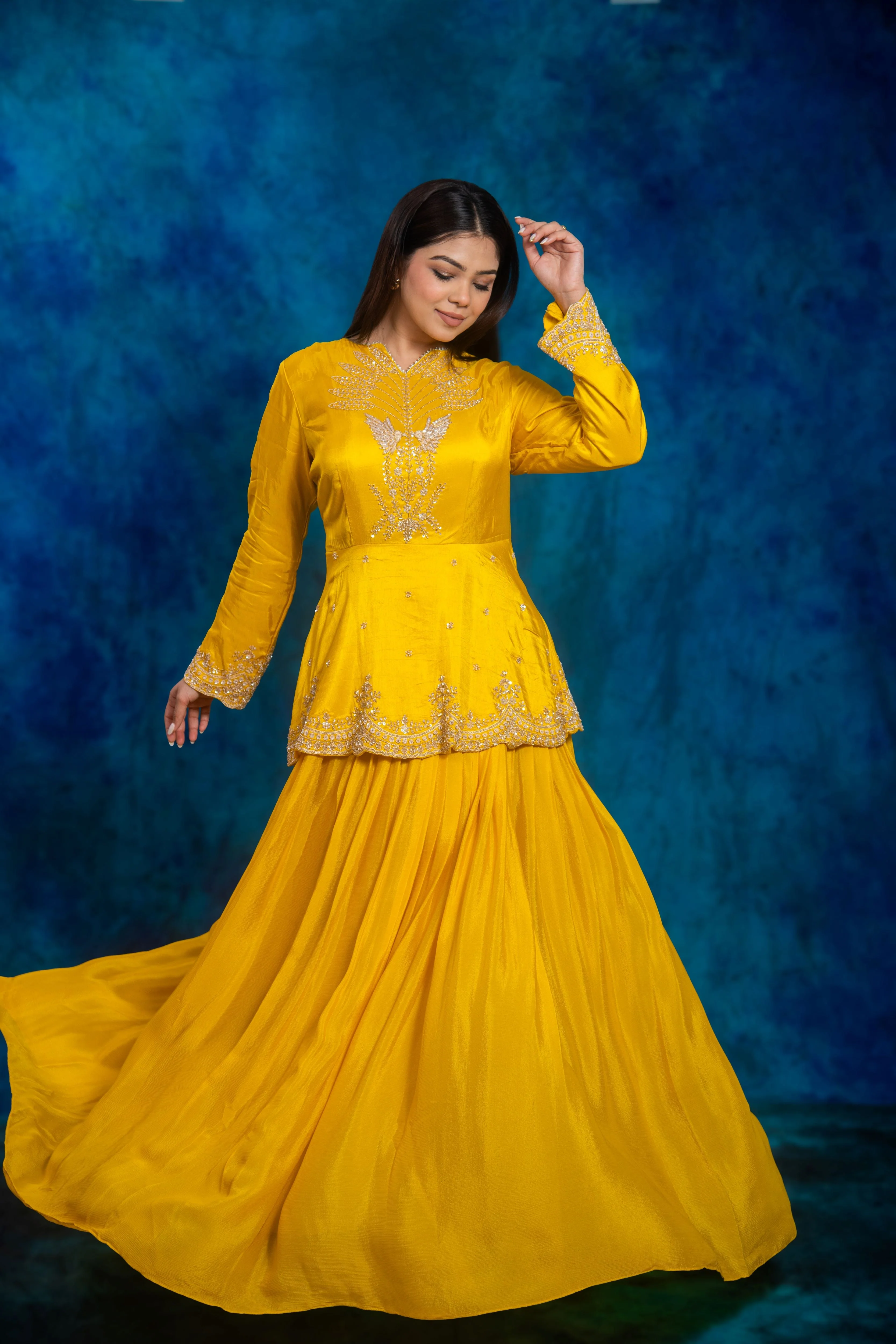 Festive Yellow Embellished Chinon Silk Skirt Set - Image 4