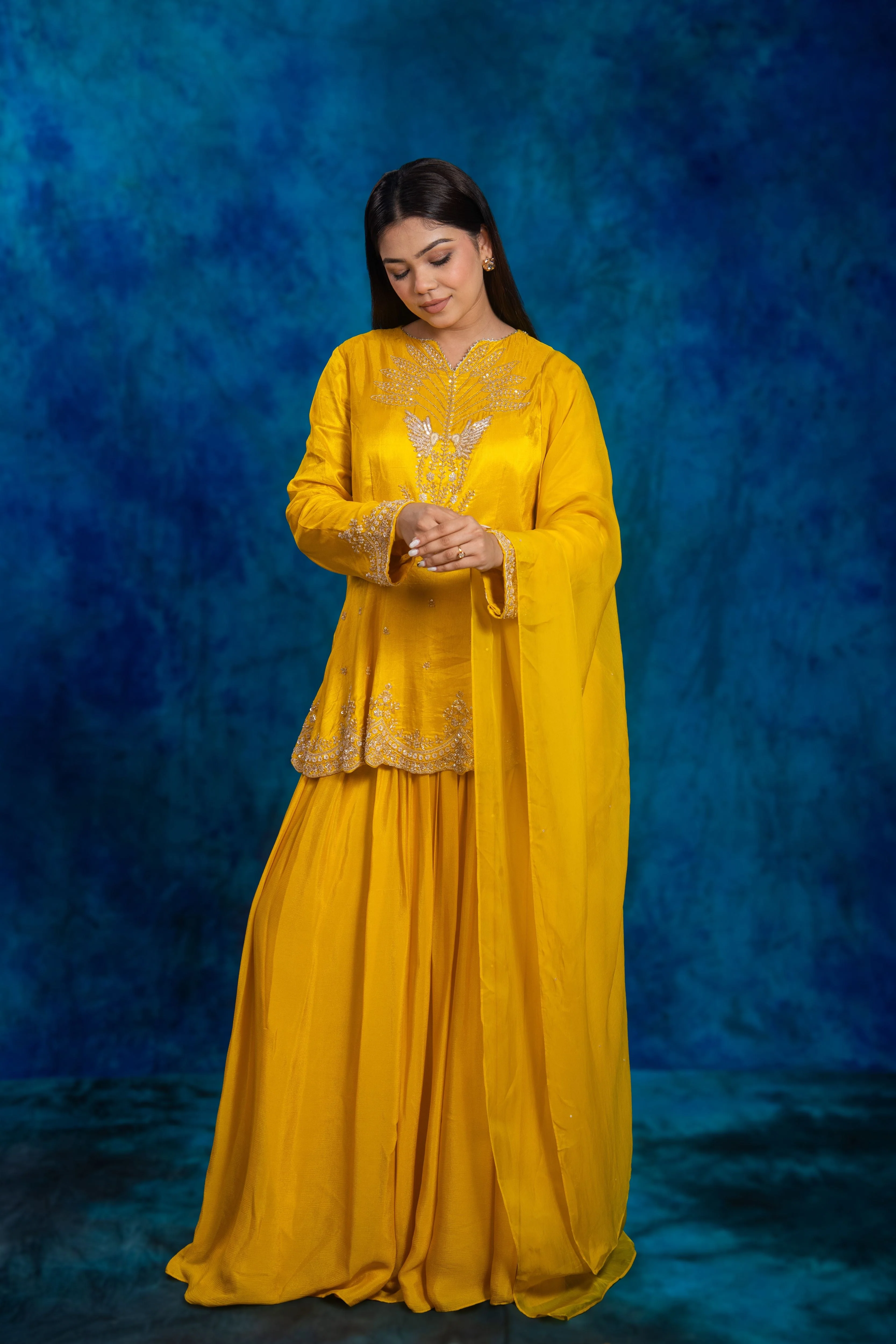 Festive Yellow Embellished Chinon Silk Skirt Set - Image 5