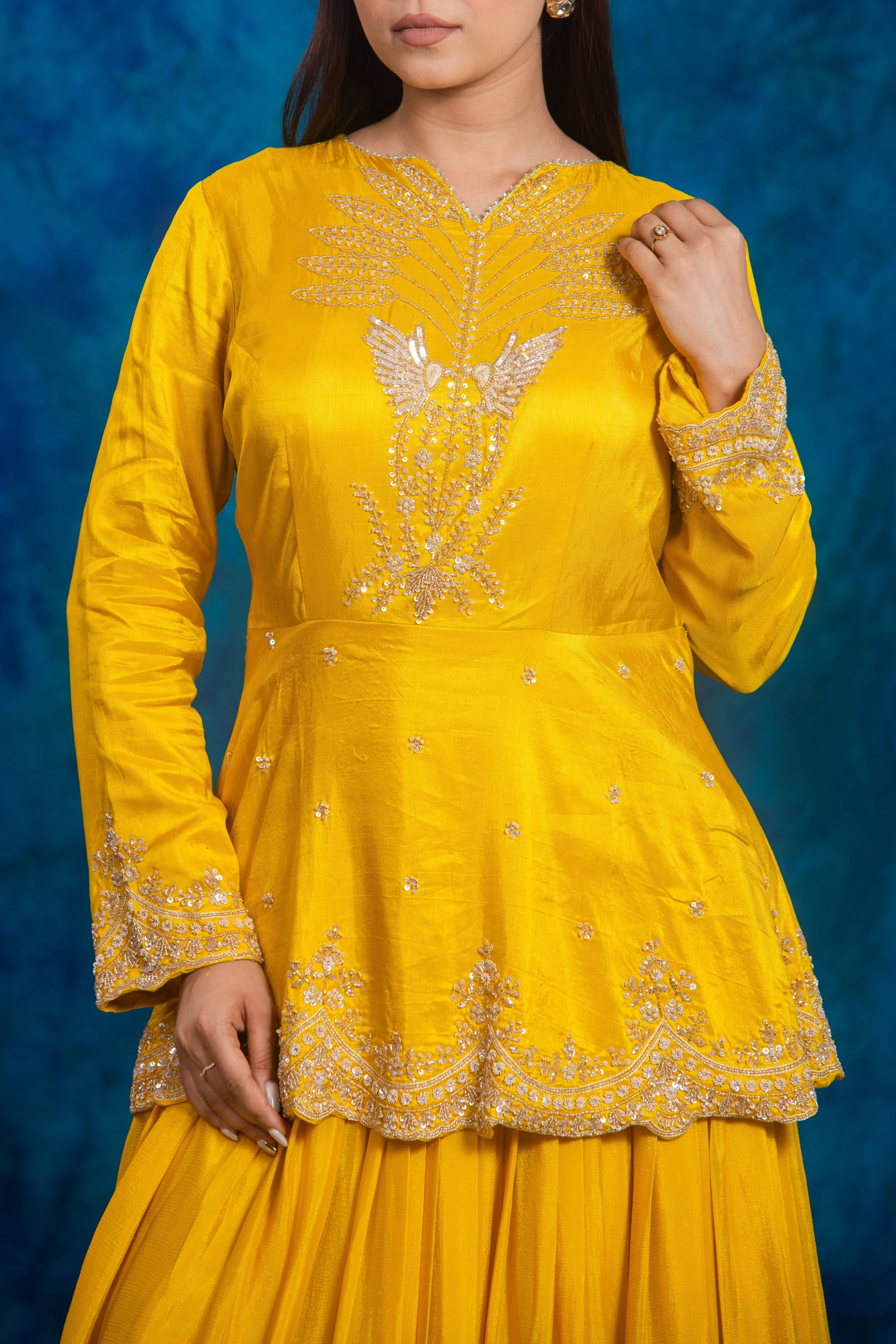 Festive Yellow Embellished Chinon Silk Skirt Set - Image 6