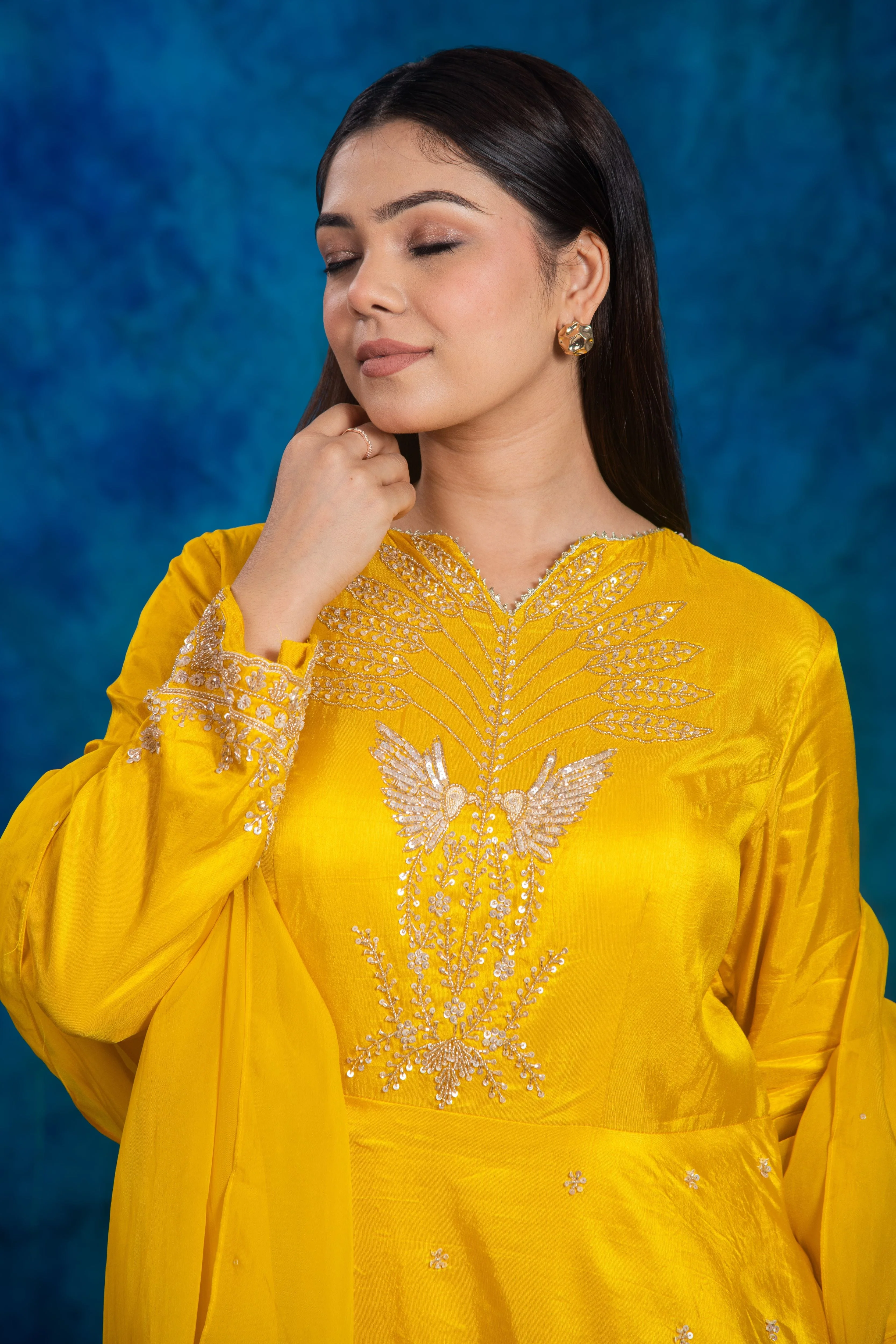 Festive Yellow Embellished Chinon Silk Skirt Set - Image 7