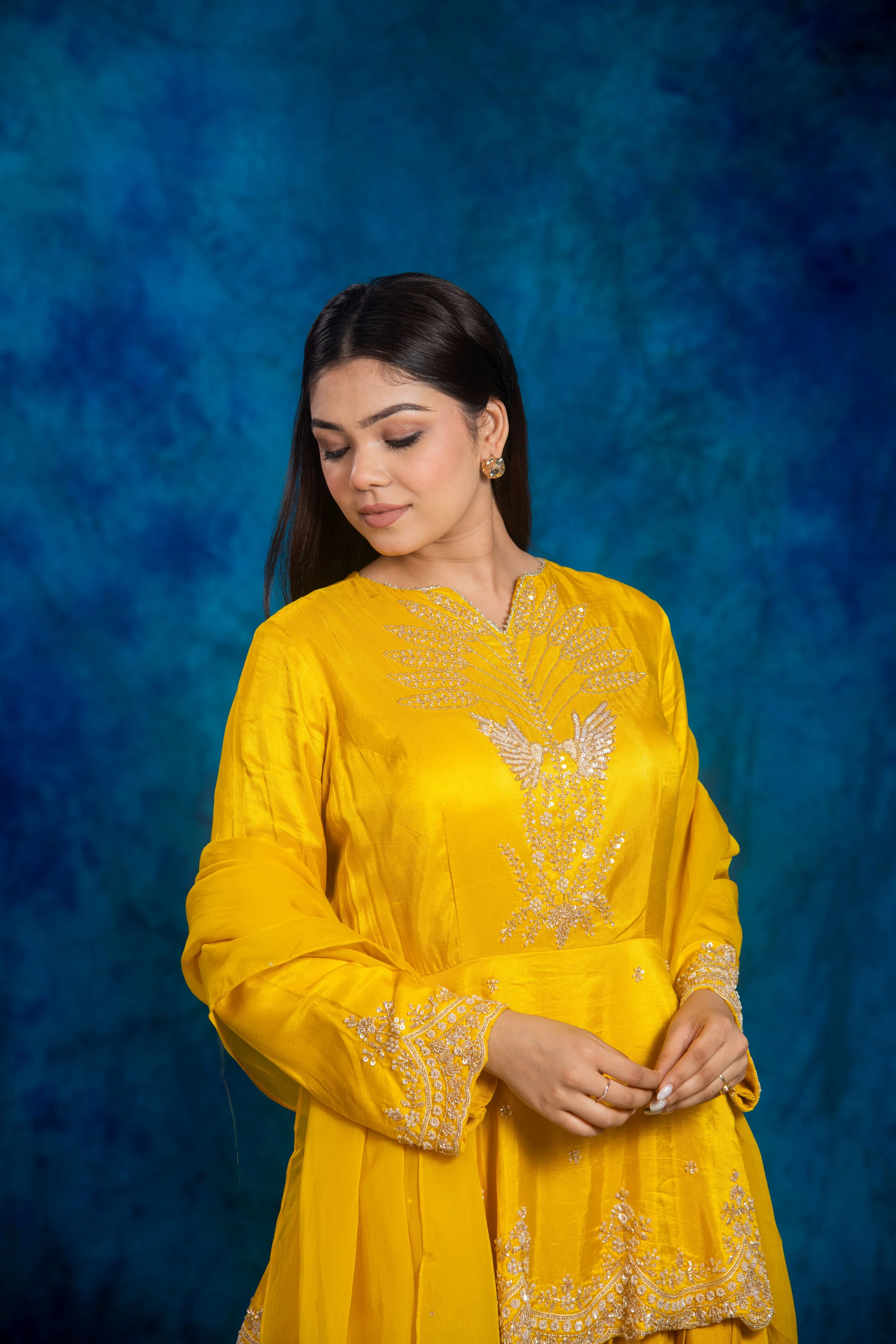 Festive Yellow Embellished Chinon Silk Skirt Set - Image 8