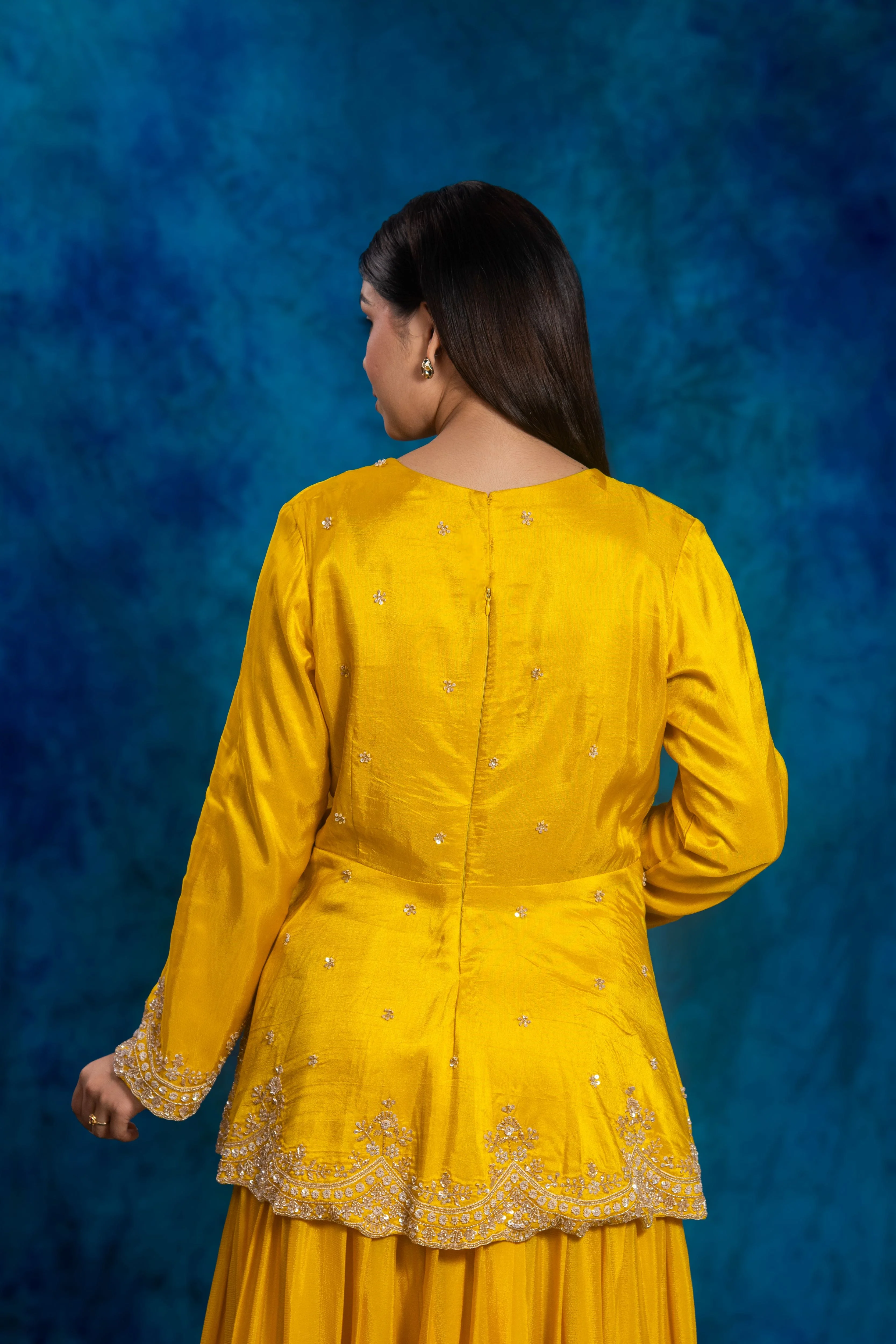 Festive Yellow Embellished Chinon Silk Skirt Set - Image 9