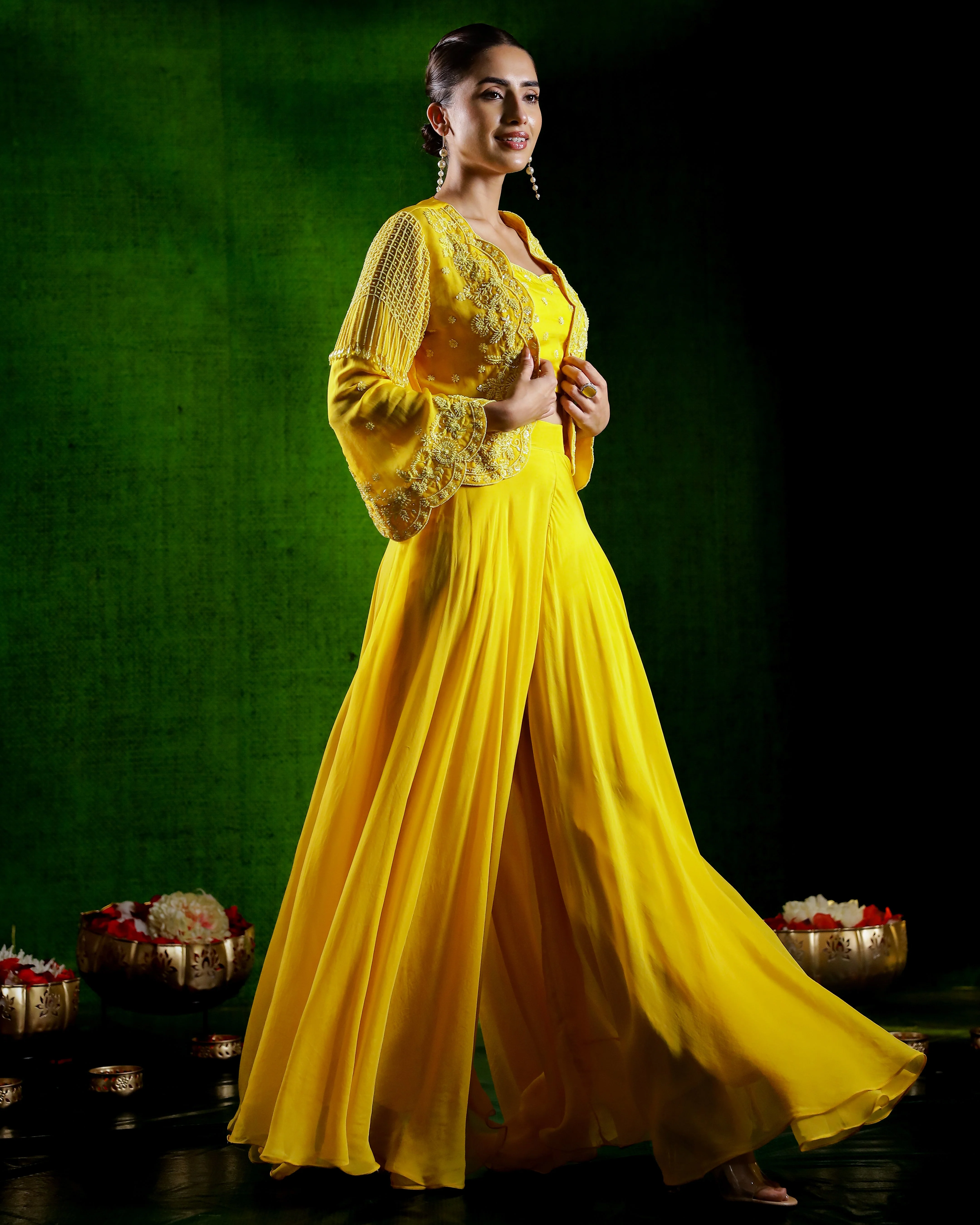 Festive Yellow Embellished Jacket Palazzo Set - Image 3