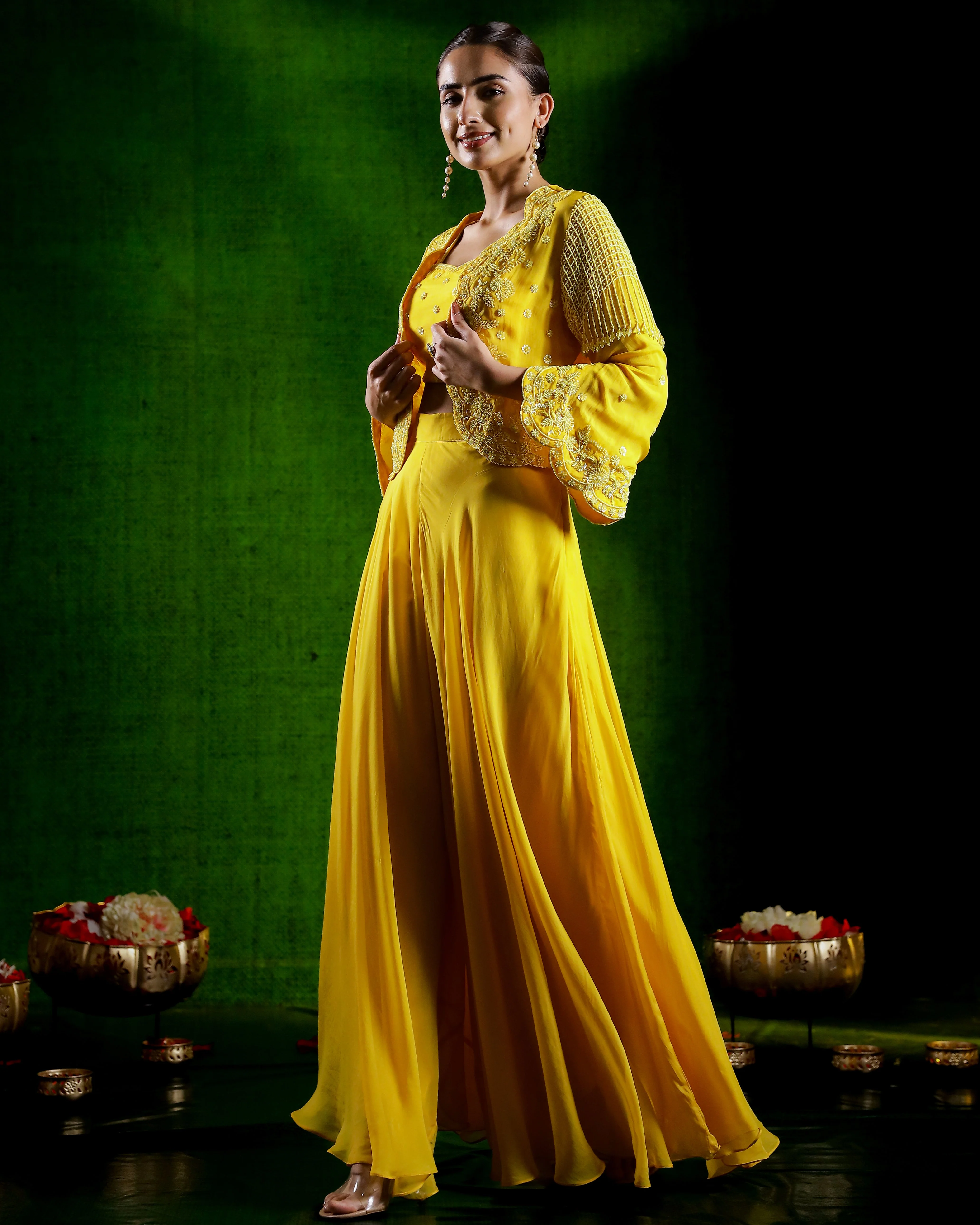Festive Yellow Embellished Jacket Palazzo Set - Image 4