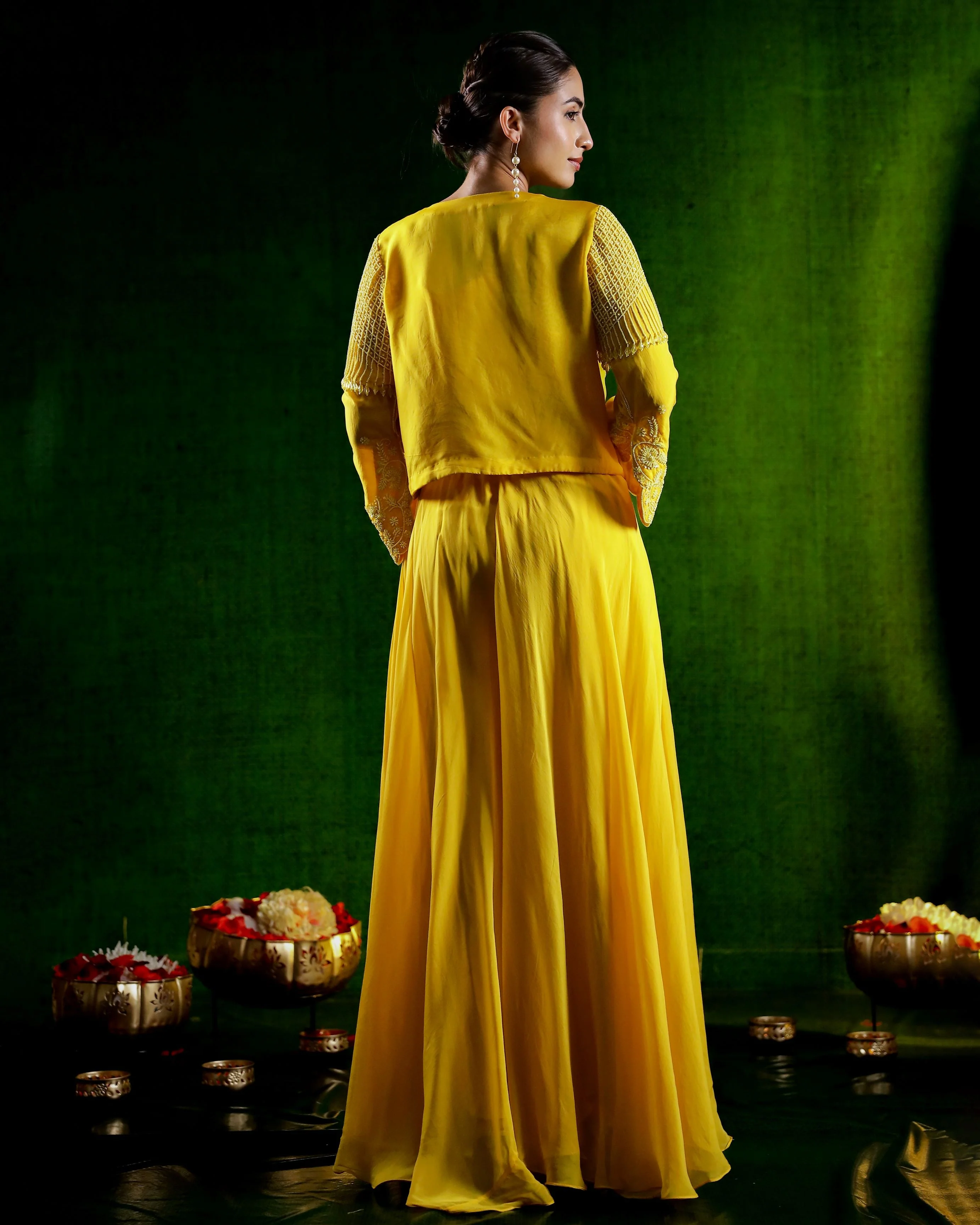 Festive Yellow Embellished Jacket Palazzo Set - Image 5