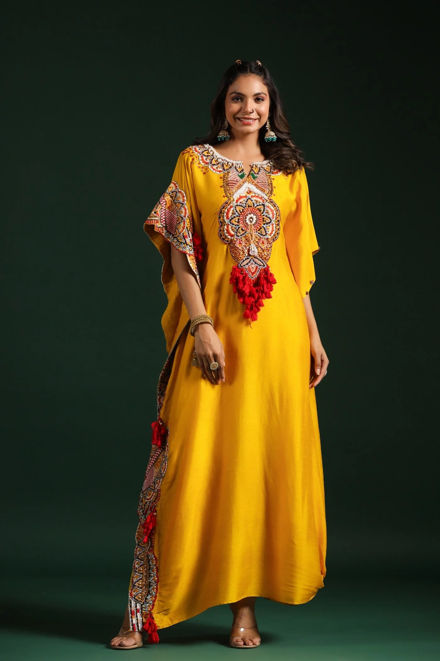 Festive Yellow Embellished Kaftan Pants Set
