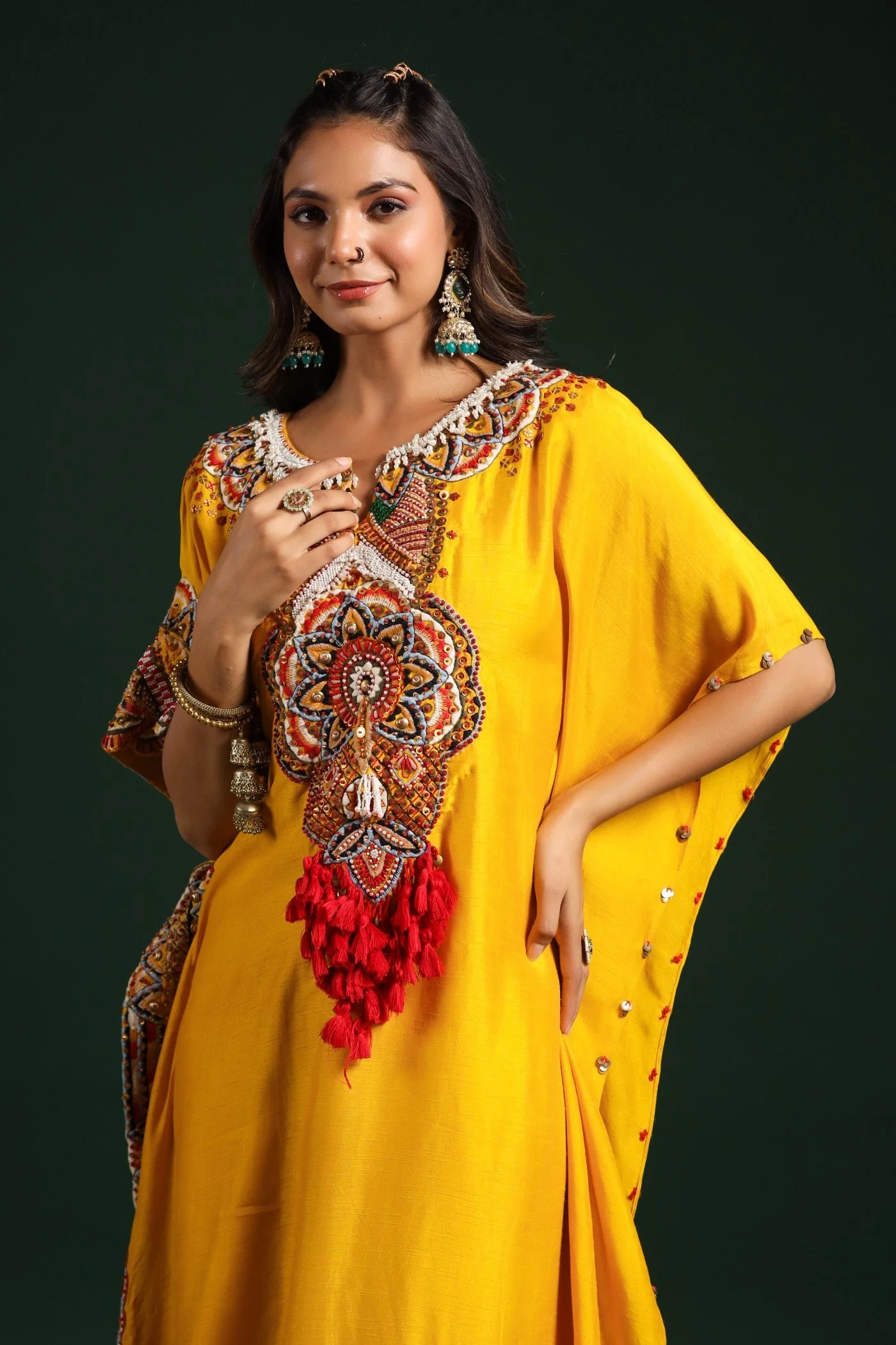 Festive Yellow Embellished Kaftan Pants Set - Image 2