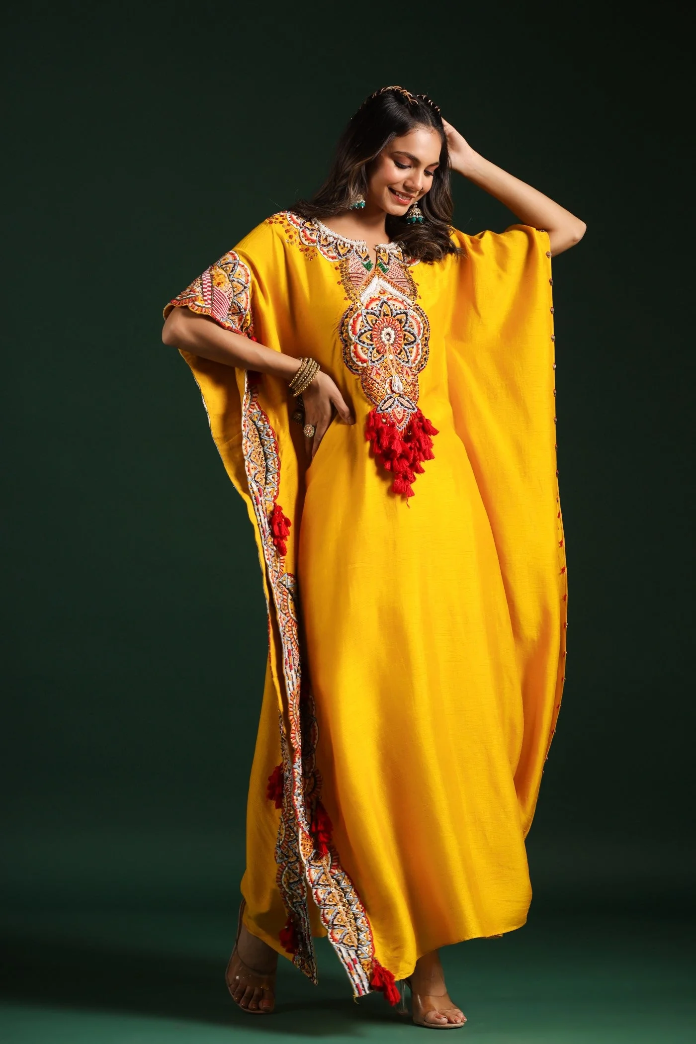 Festive Yellow Embellished Kaftan Pants Set - Image 3