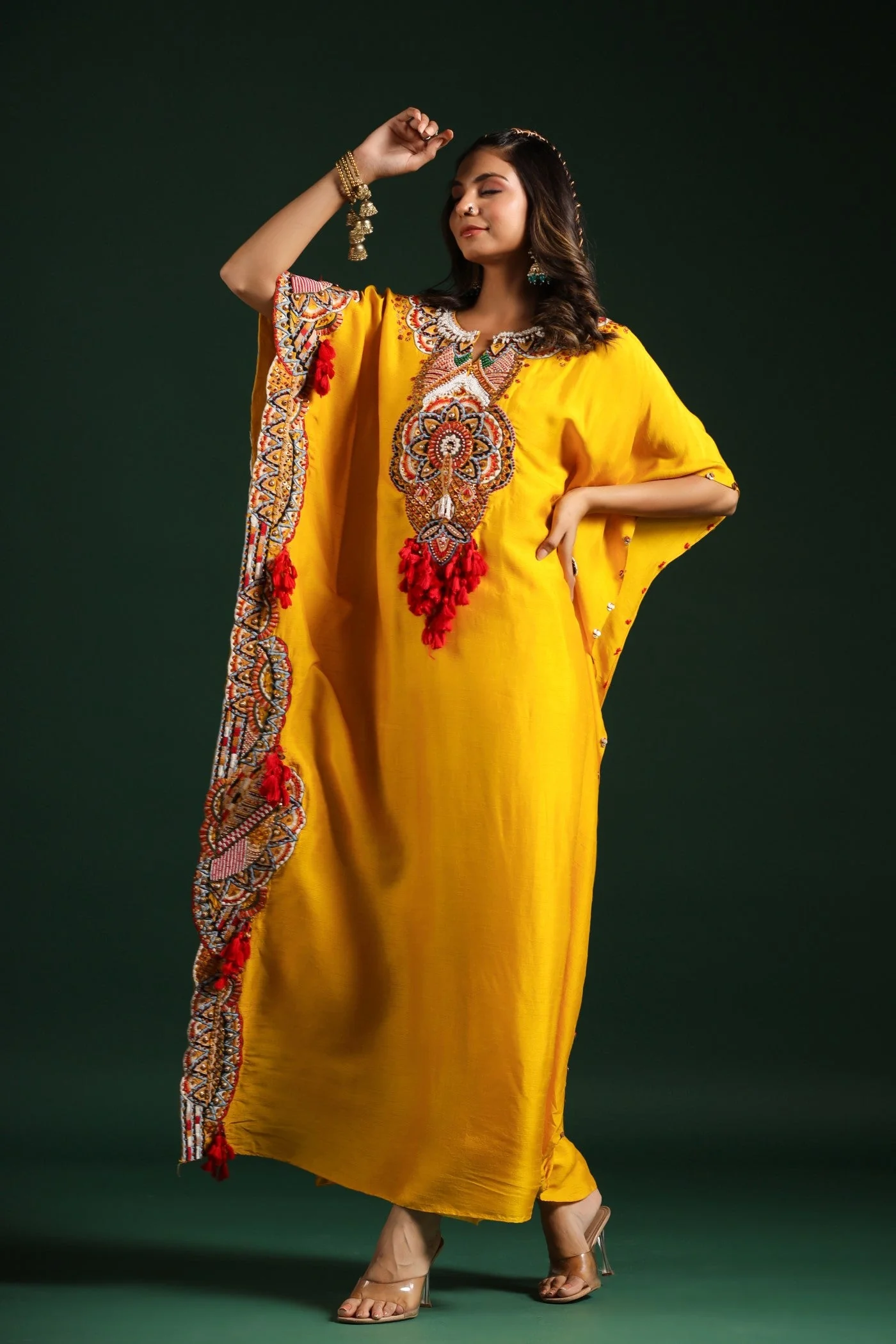 Festive Yellow Embellished Kaftan Pants Set - Image 4