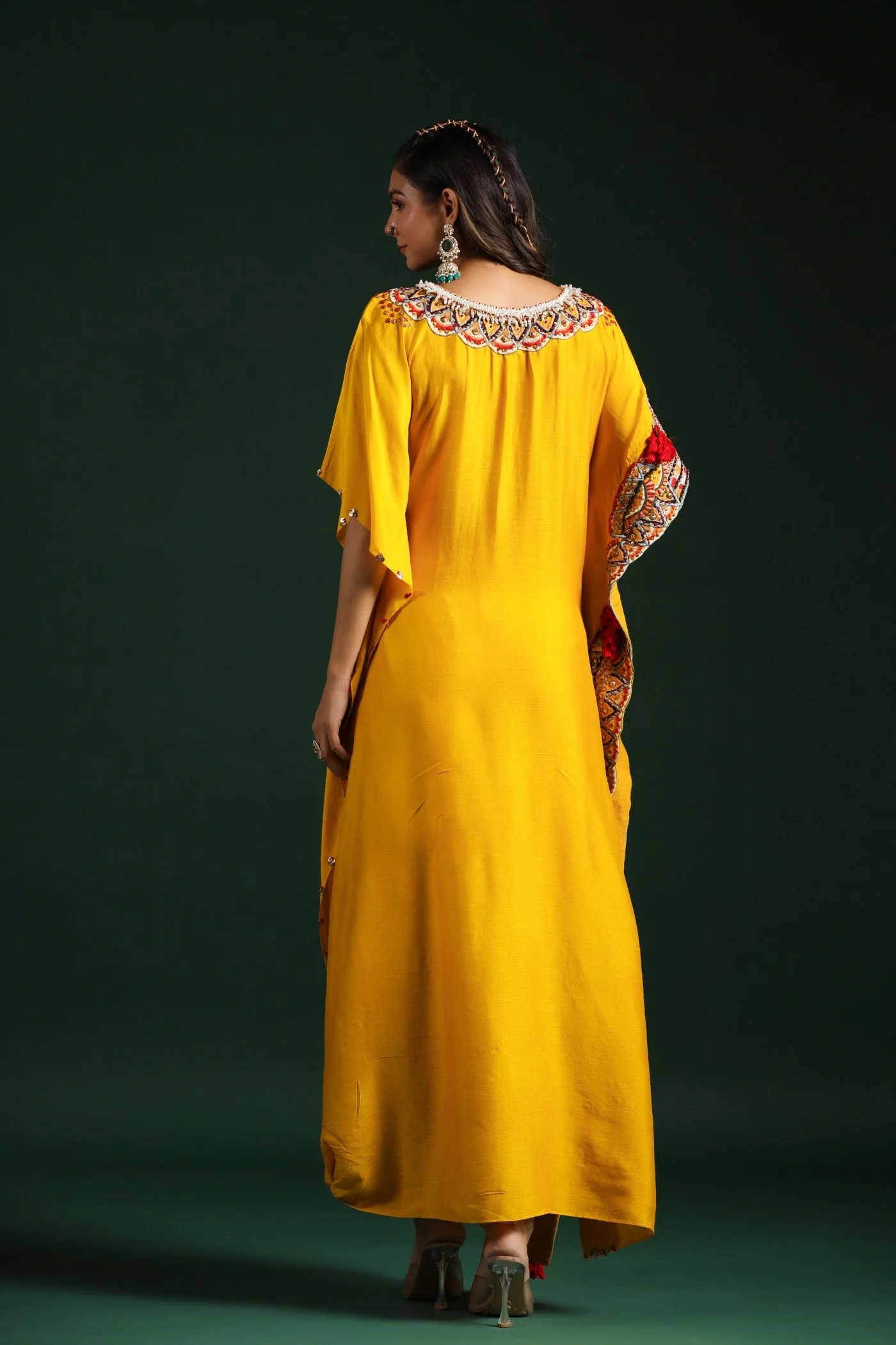 Festive Yellow Embellished Kaftan Pants Set - Image 5