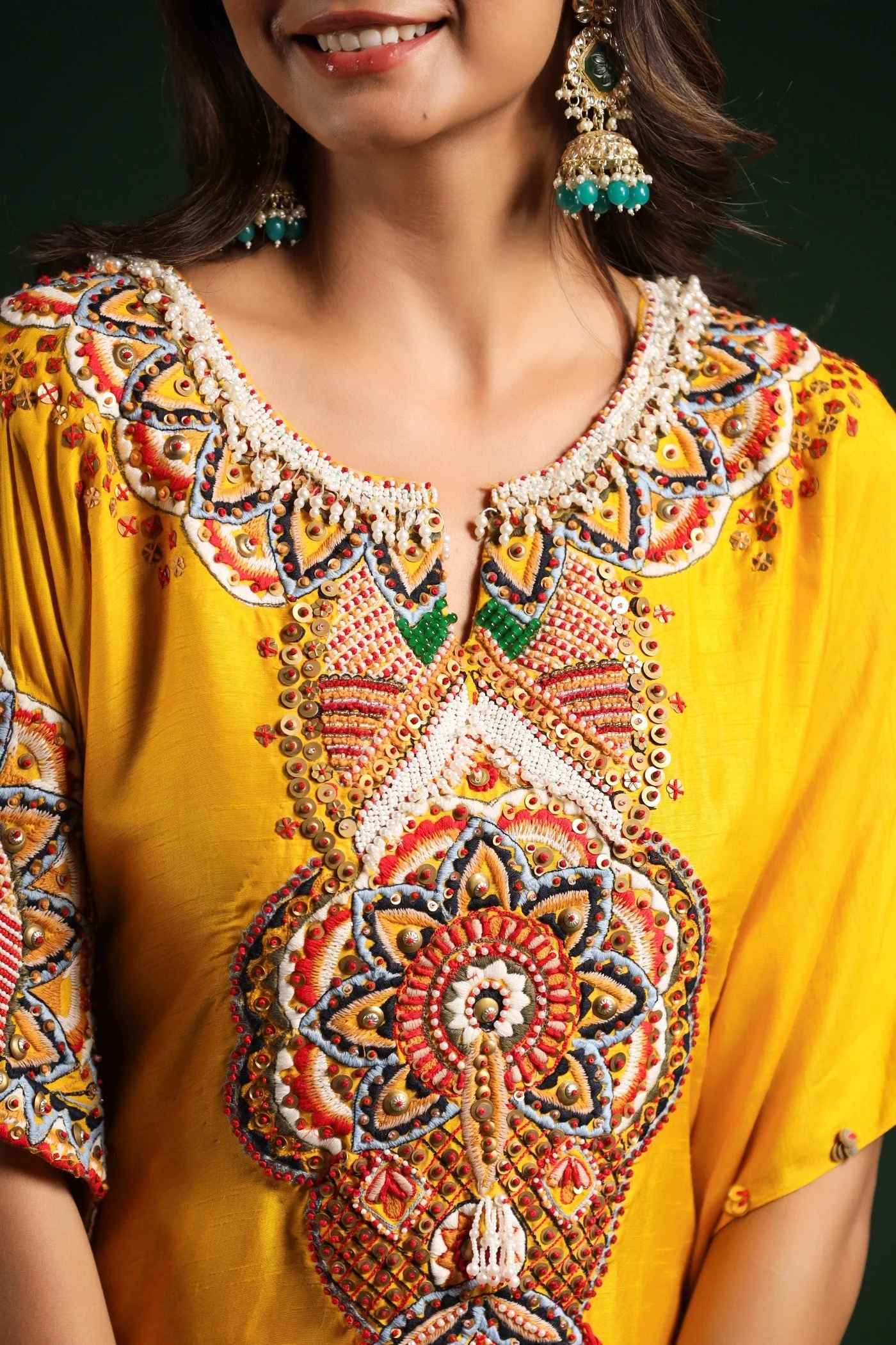Festive Yellow Embellished Kaftan Pants Set - Image 6